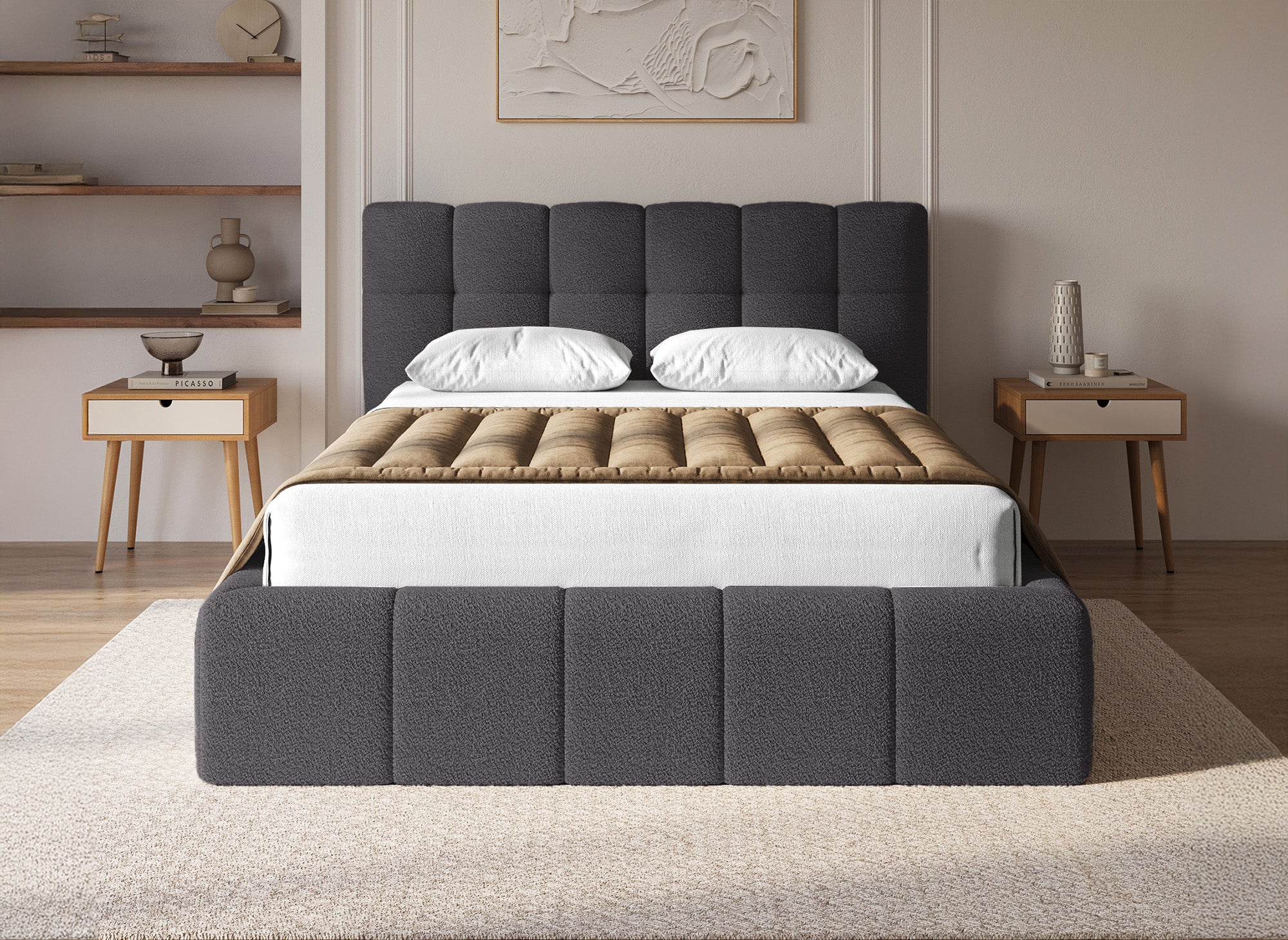Lit coffre en tissu bouclette gris 140x190 cm MILIE