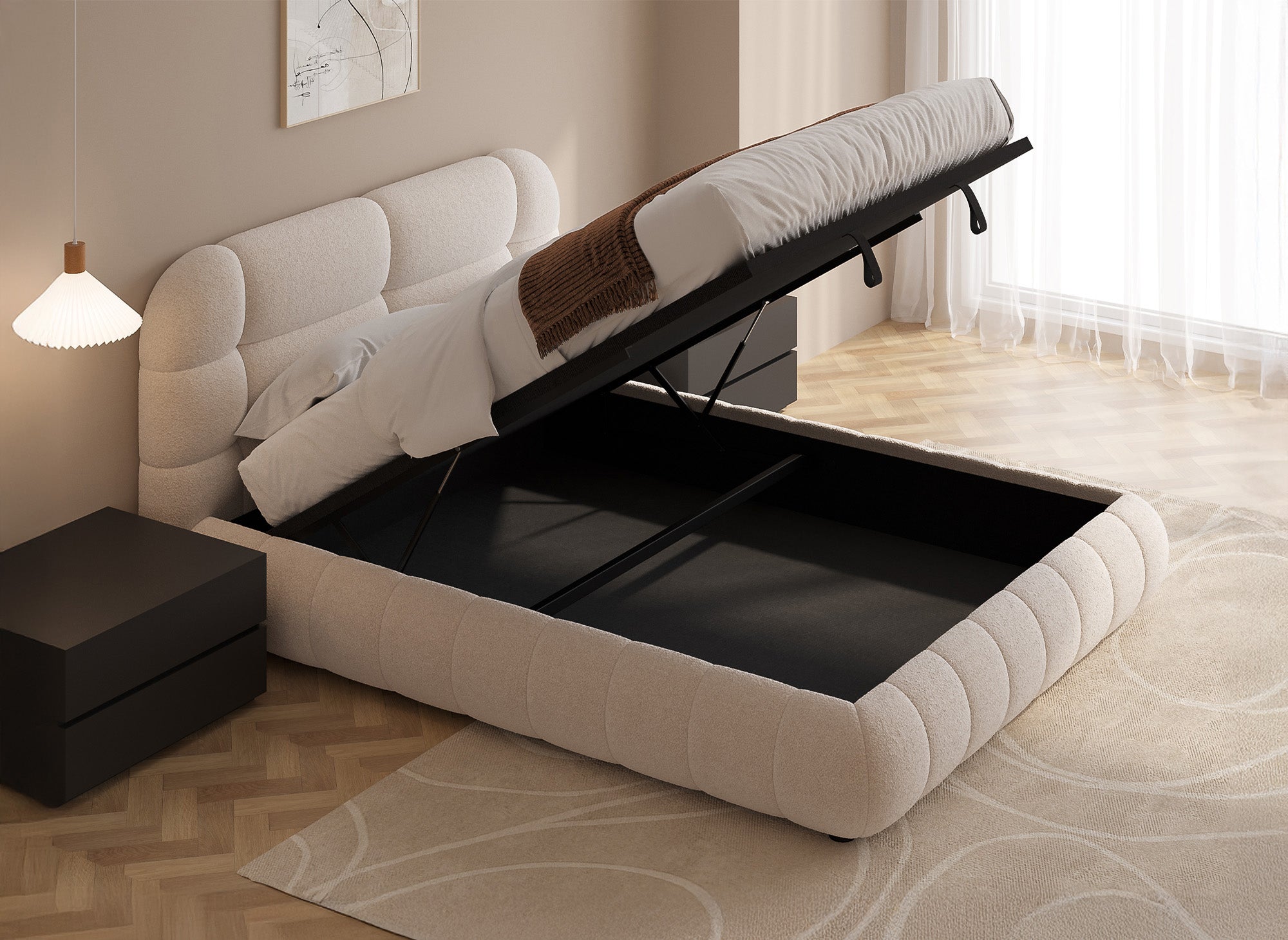 Lit coffre en tissu bouclette écru 180x200 cm YOURI