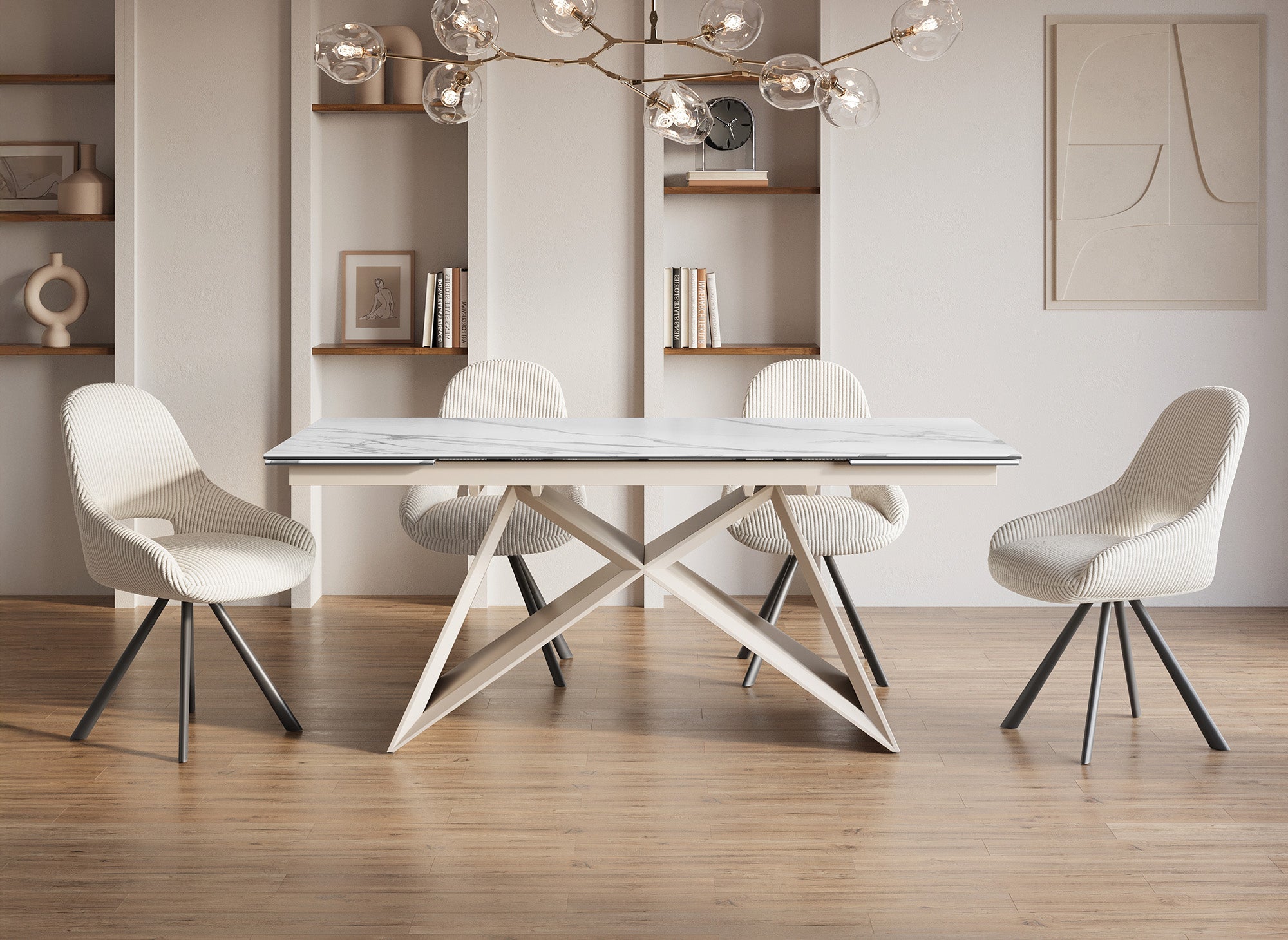 Table à manger extensible en céramique blanche effet marbre GABRIEL