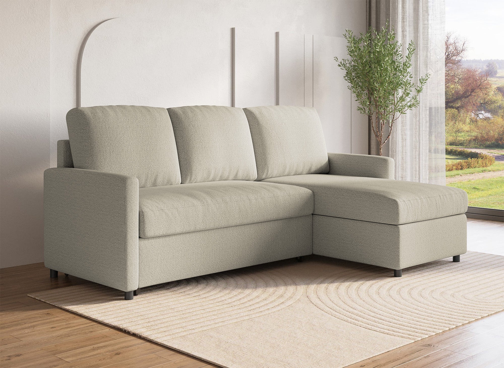 Canapé d'angle réversible convertible coffre de rangement en tissu beige ADAM