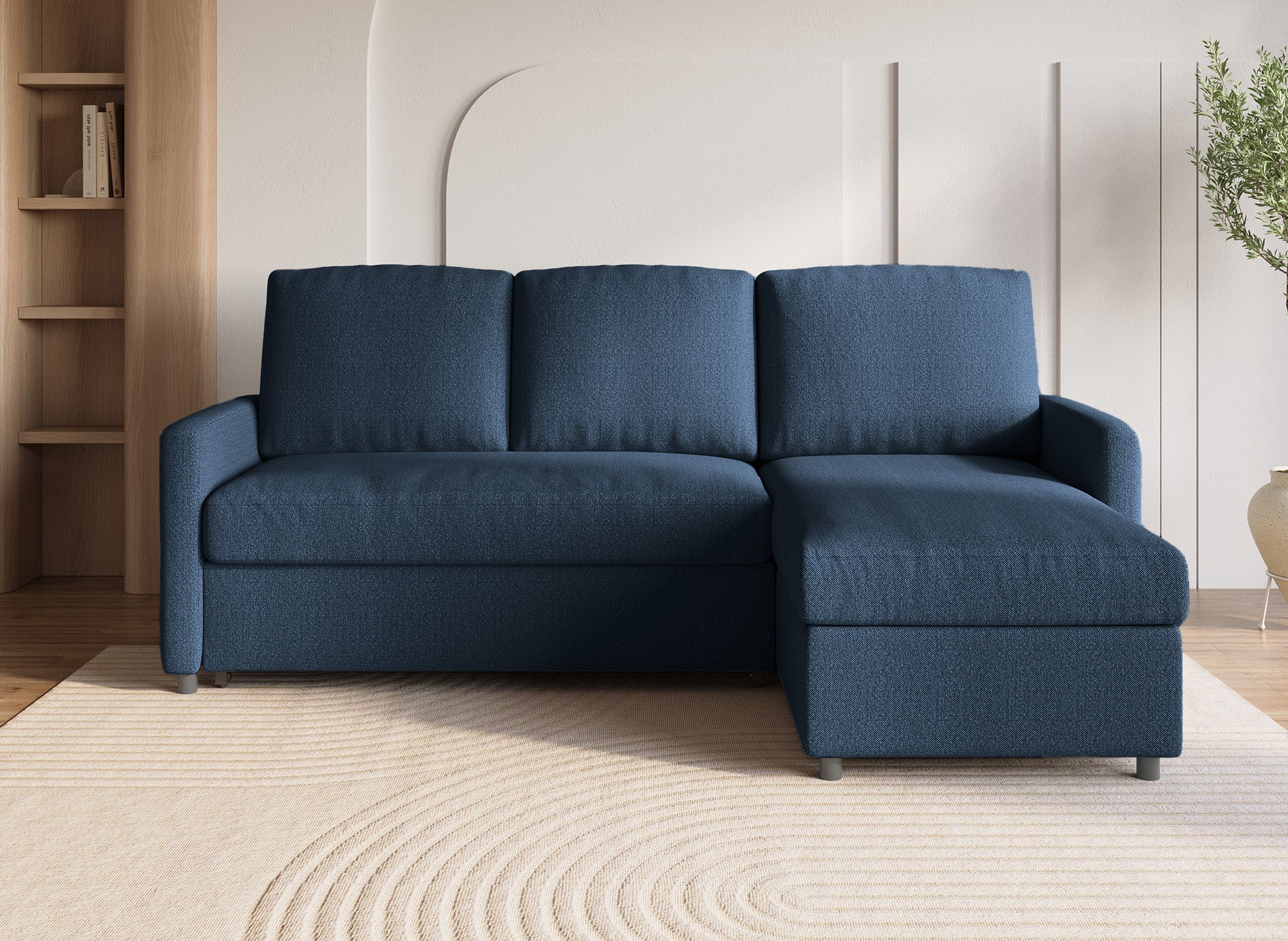 Canapé d'angle réversible convertible coffre de rangement en tissu bleu ADAM