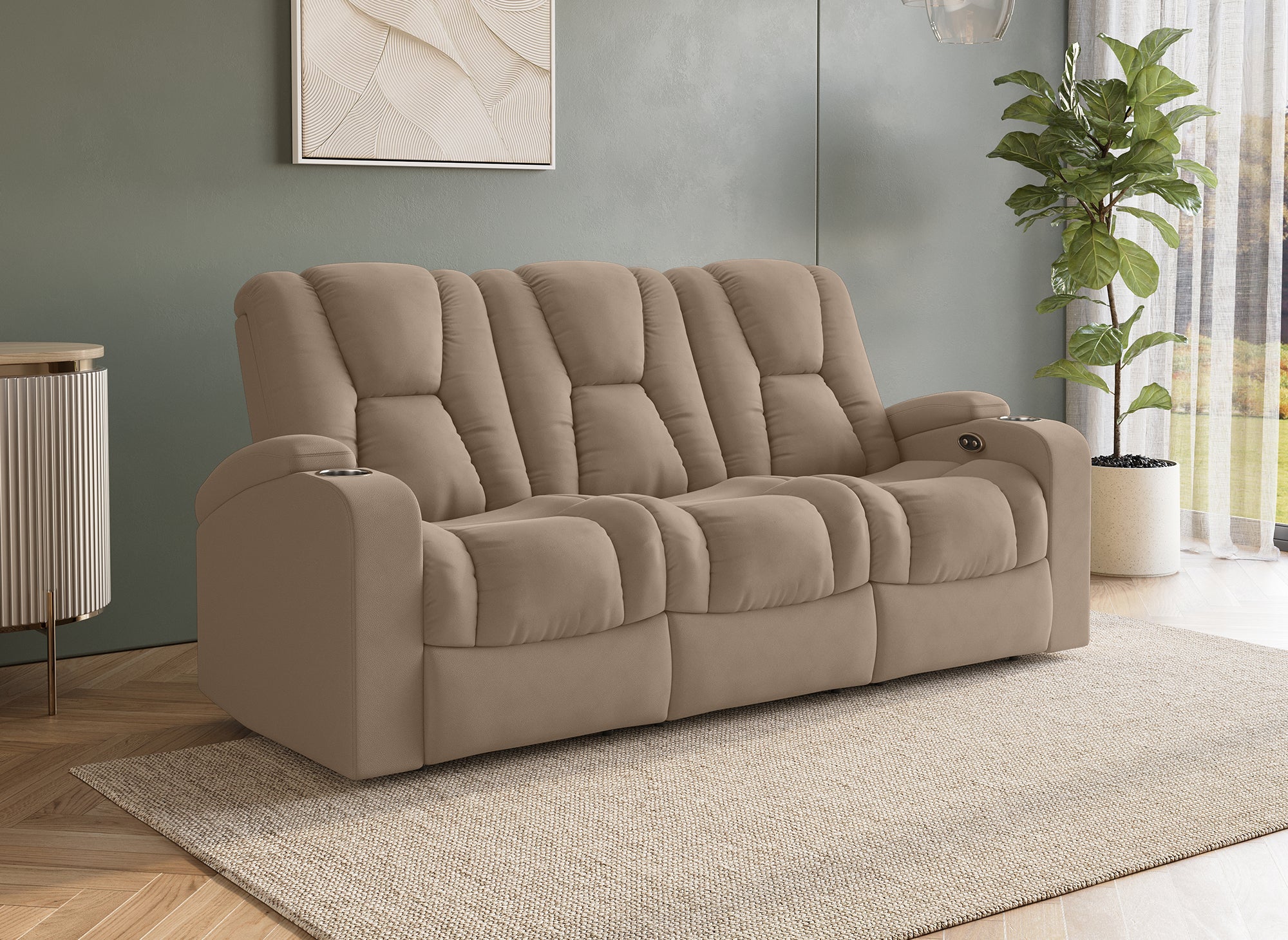 Canapé 3 places relax électrique en tissu microfibre beige EL CLARENCE