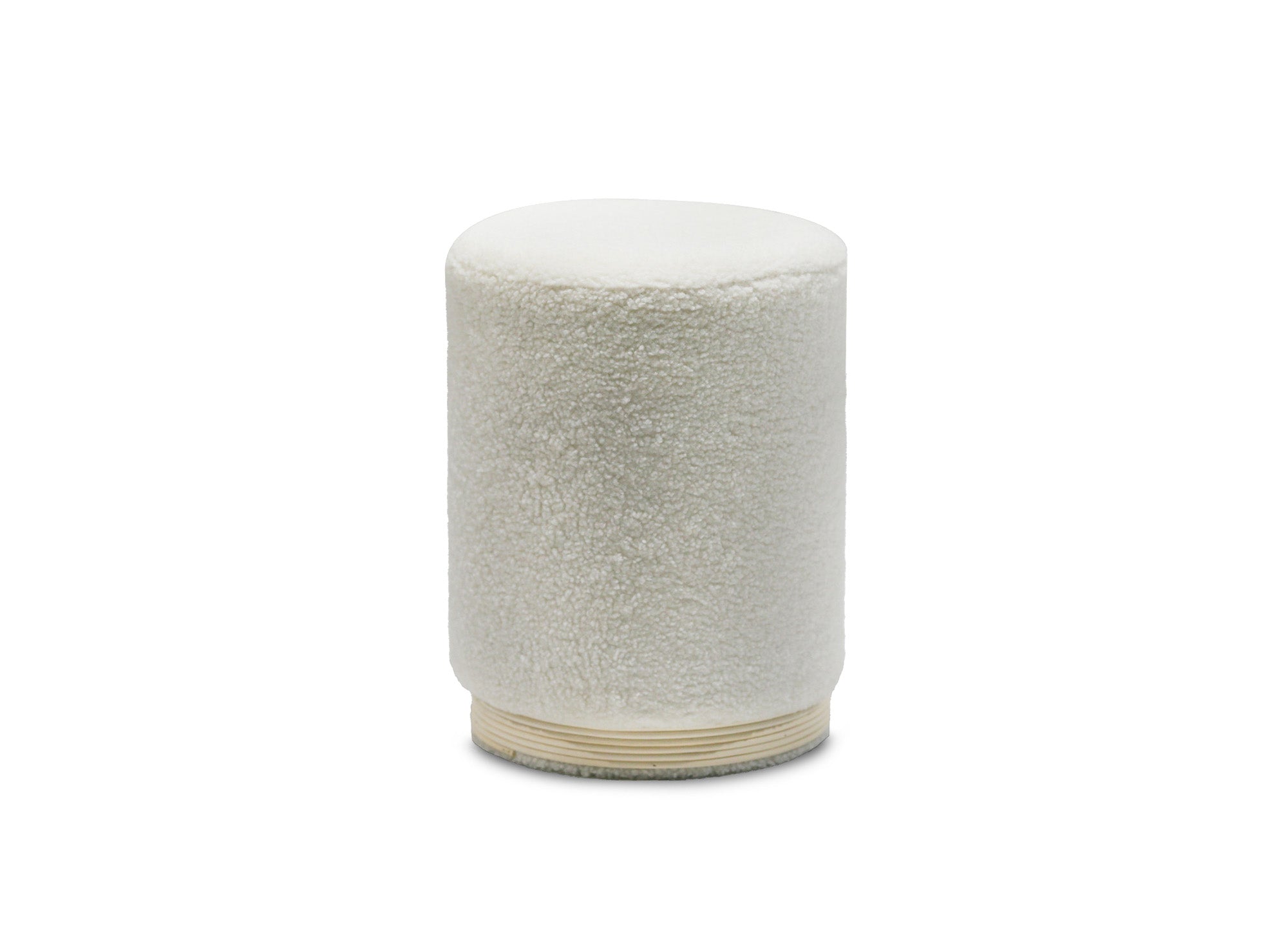 Pouf en tissu effet peau de mouton blanc écru et bois TANY
