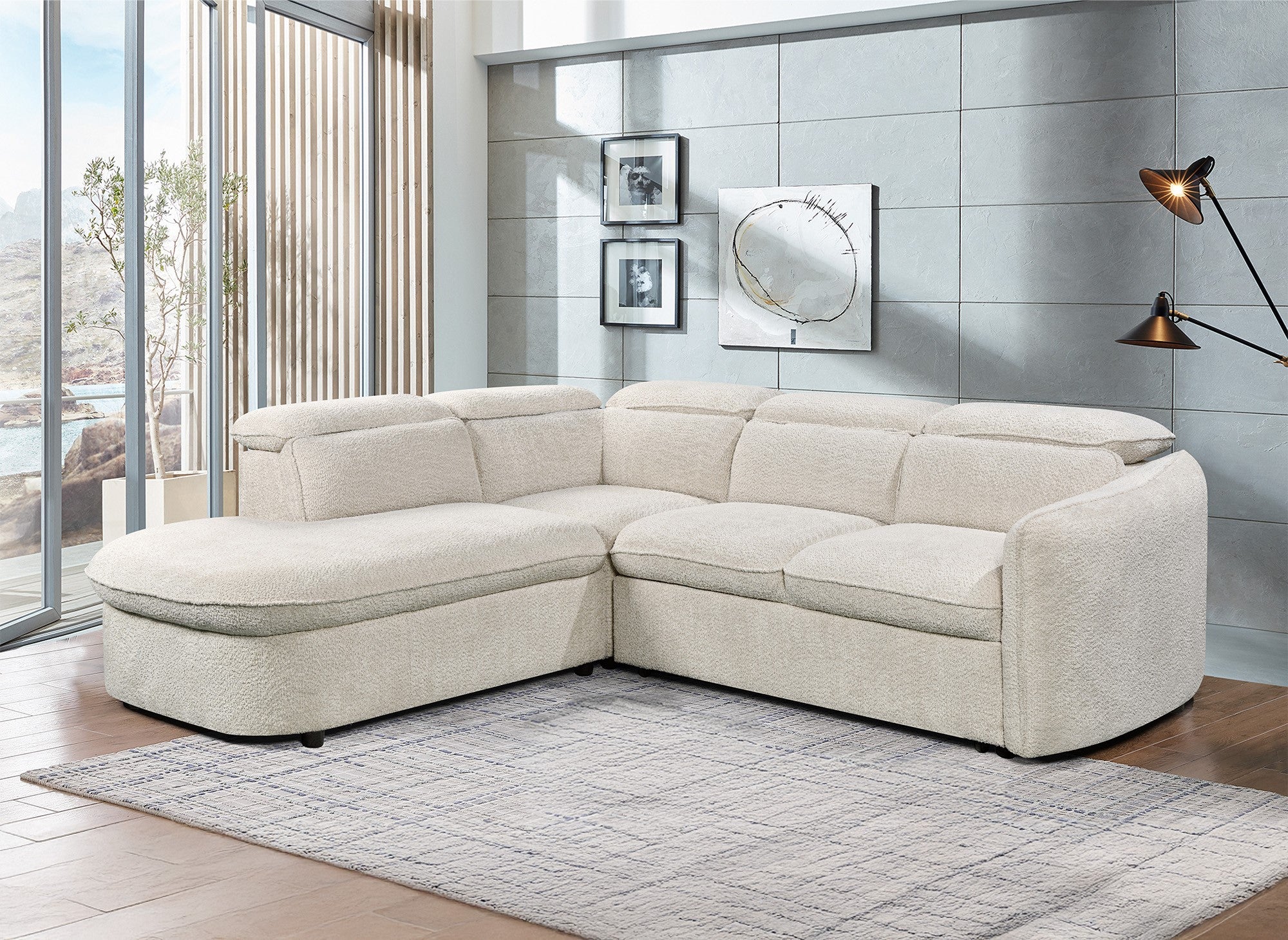 Canapé d'angle convertible avec coffre de rangement en tissu bouclette écru BAYA - angle gauche