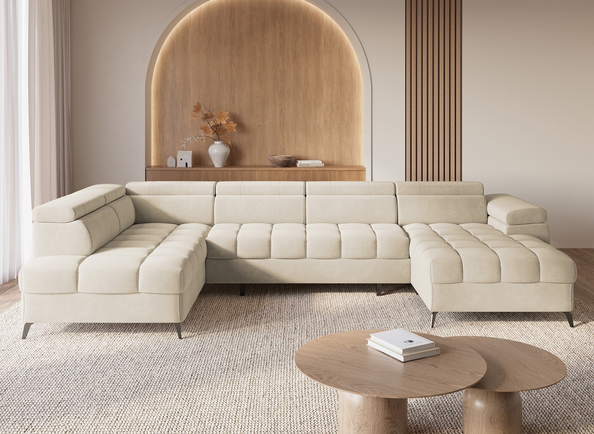 Canapé panoramique convertible matelassé avec coffre en velours beige LUCIANO - Angle droit