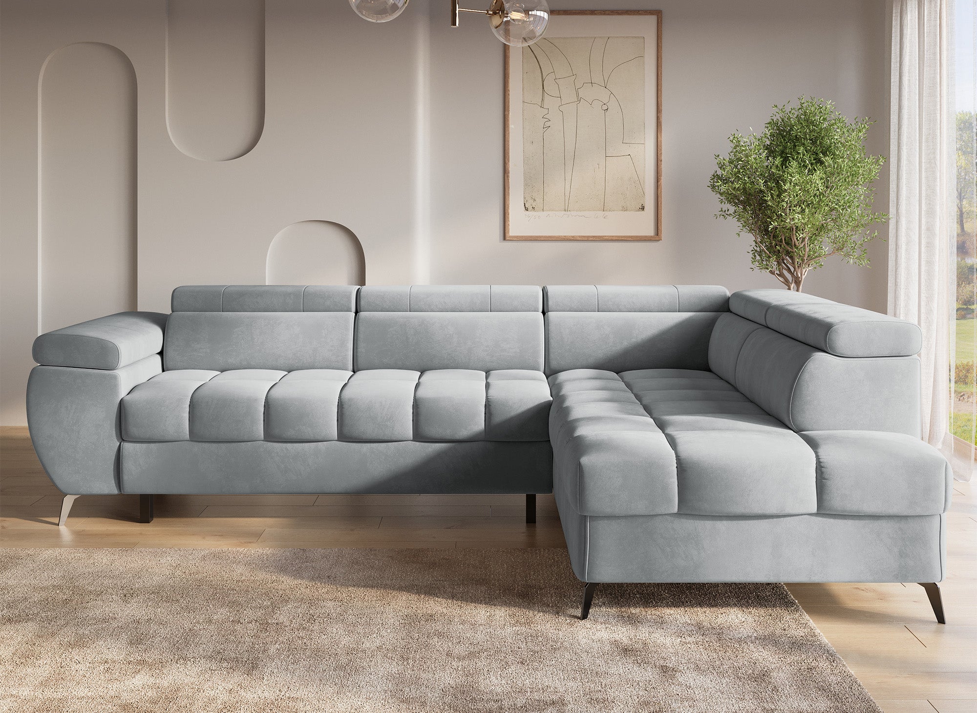Canapé d'angle convertible matelassé avec coffre en velours gris LUCIANO - Angle droit