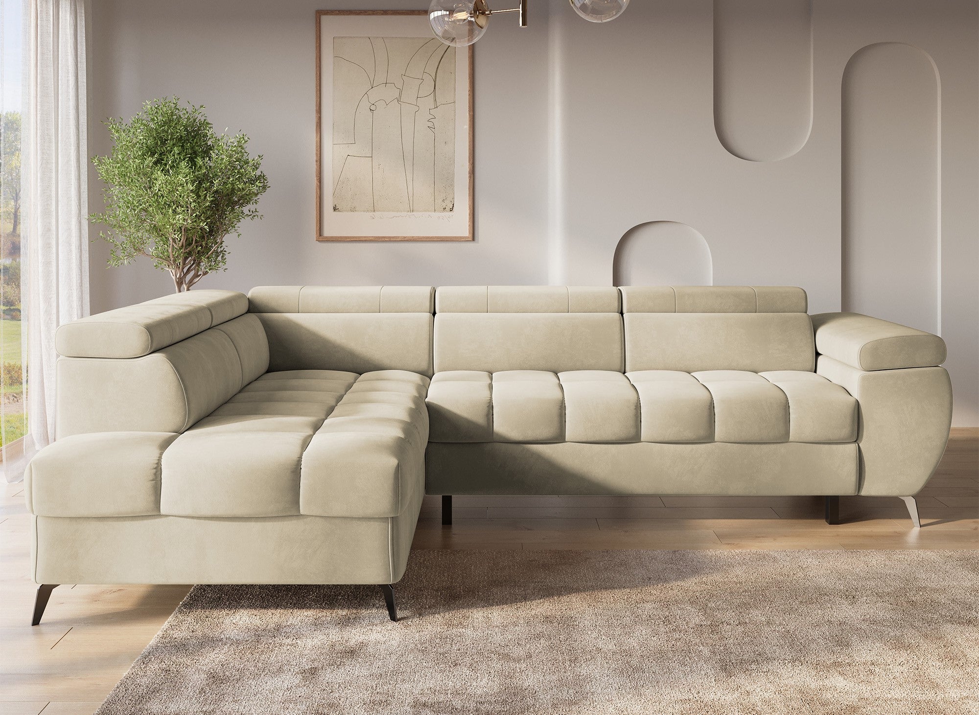 Canapé d'angle convertible matelassé avec coffre en velours beige LUCIANO - Angle gauche