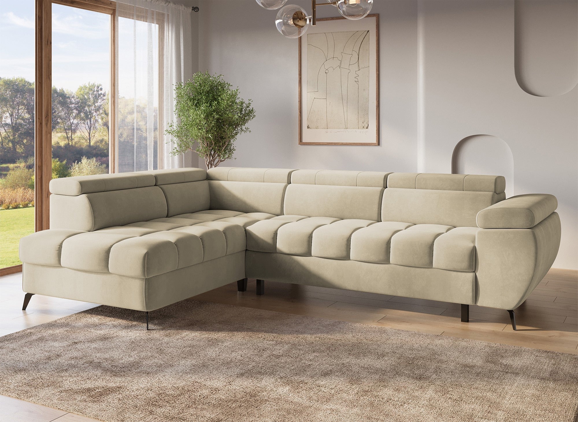 Canapé d'angle convertible matelassé avec coffre en velours beige LUCIANO - Angle gauche