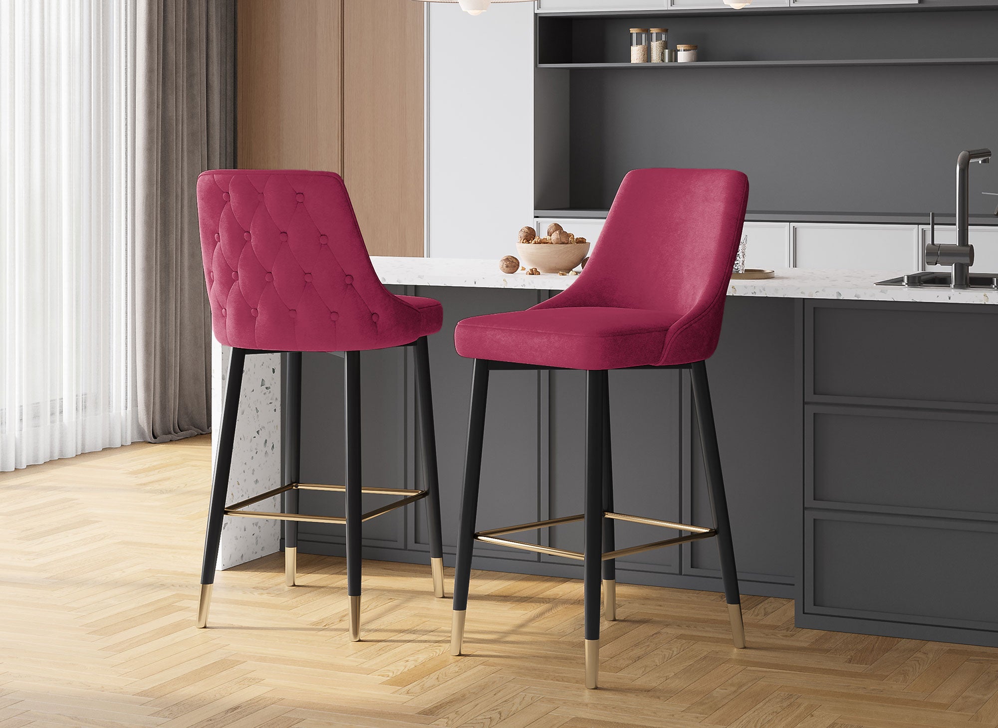 Lot de 2 tabourets de bar en velours rouge bordeaux DORINA