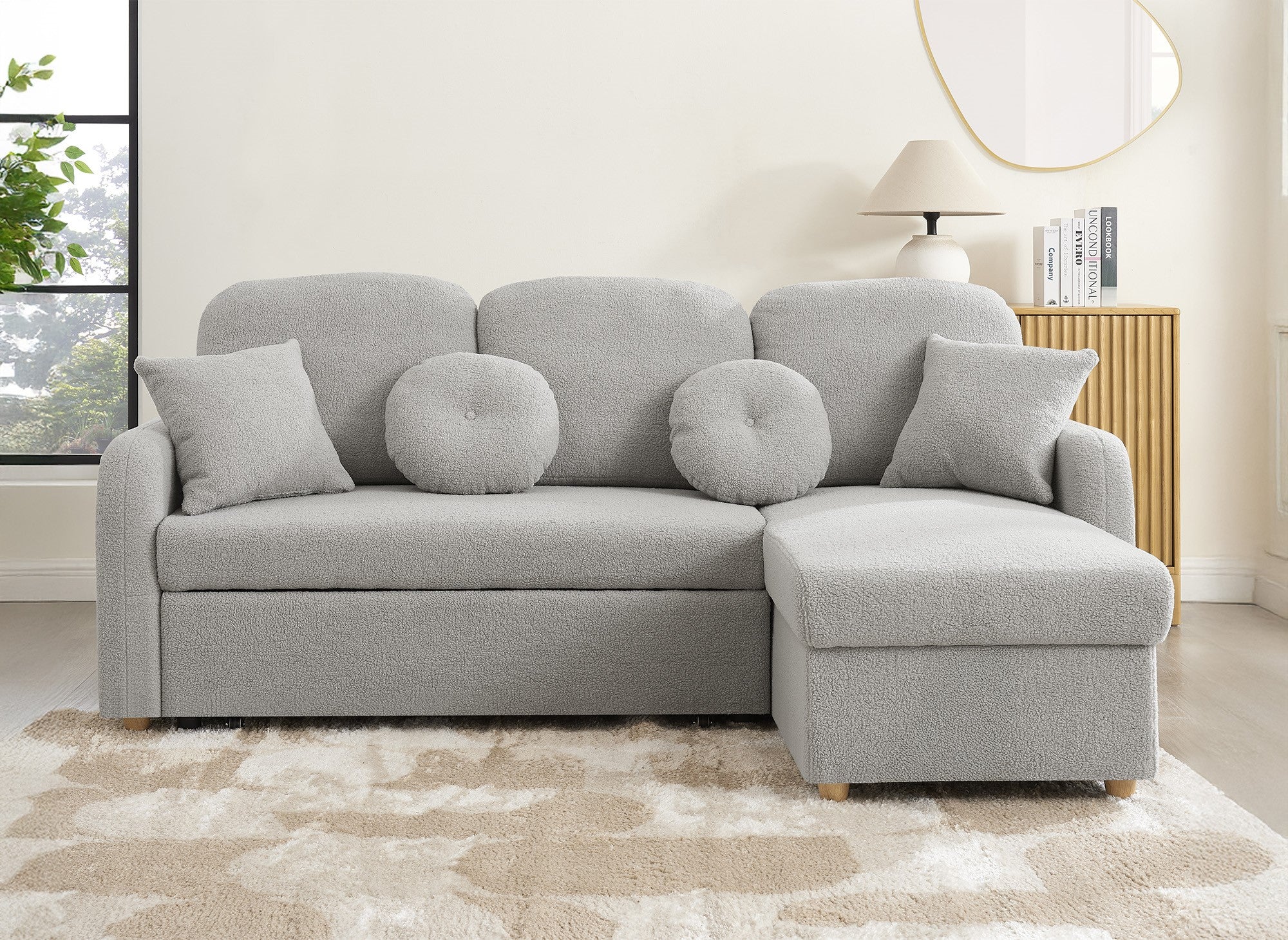 Canapé d'angle convertible et réversible avec coffre en tissu bouclette gris clair GREGORY