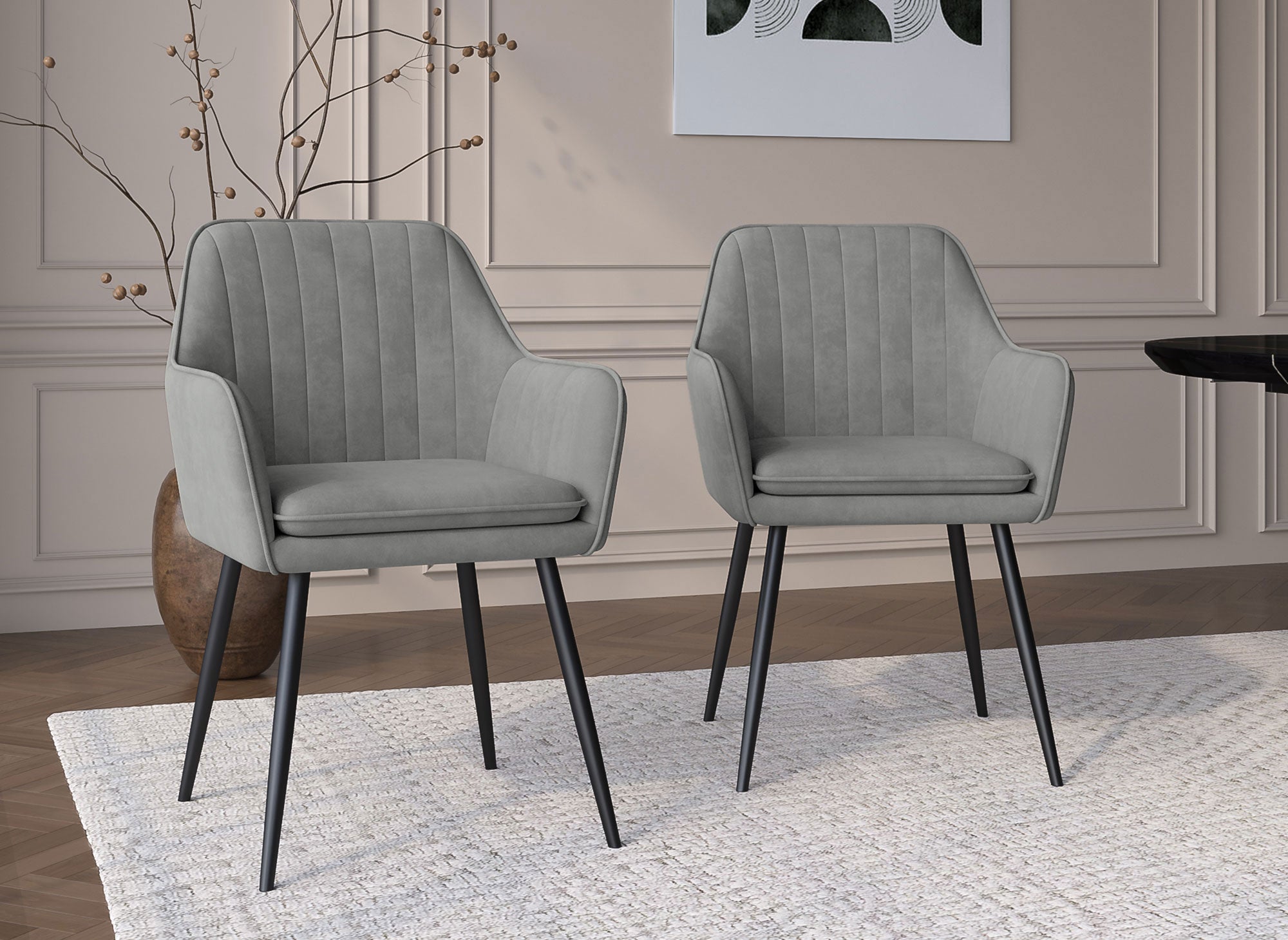 Lot de 2 chaises avec accoudoirs en velours gris pieds noirs EDWIGE