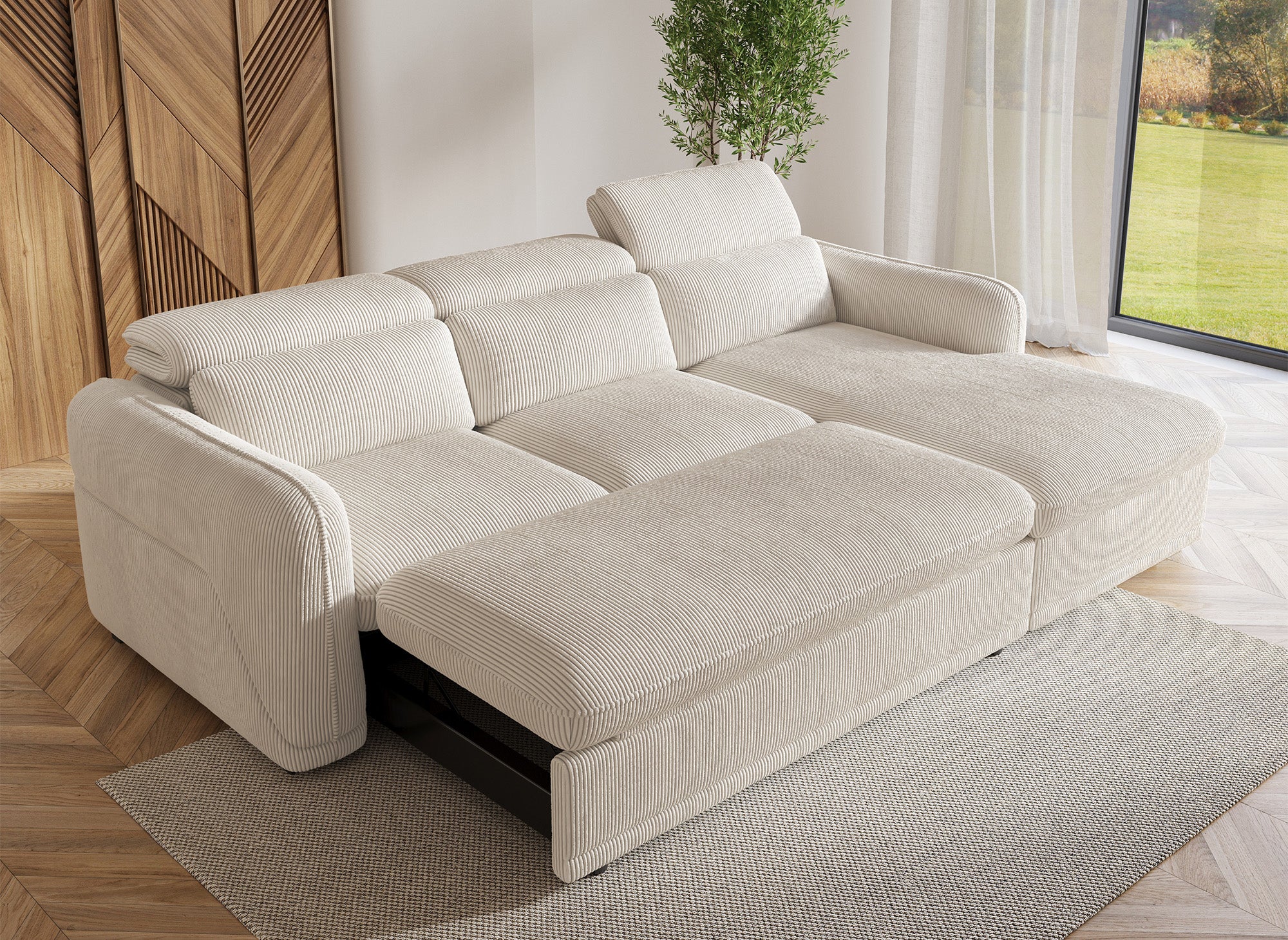 Canapé d'angle droit convertible avec coffre en velours côtelé épais beige PETUNIA - Angle droit