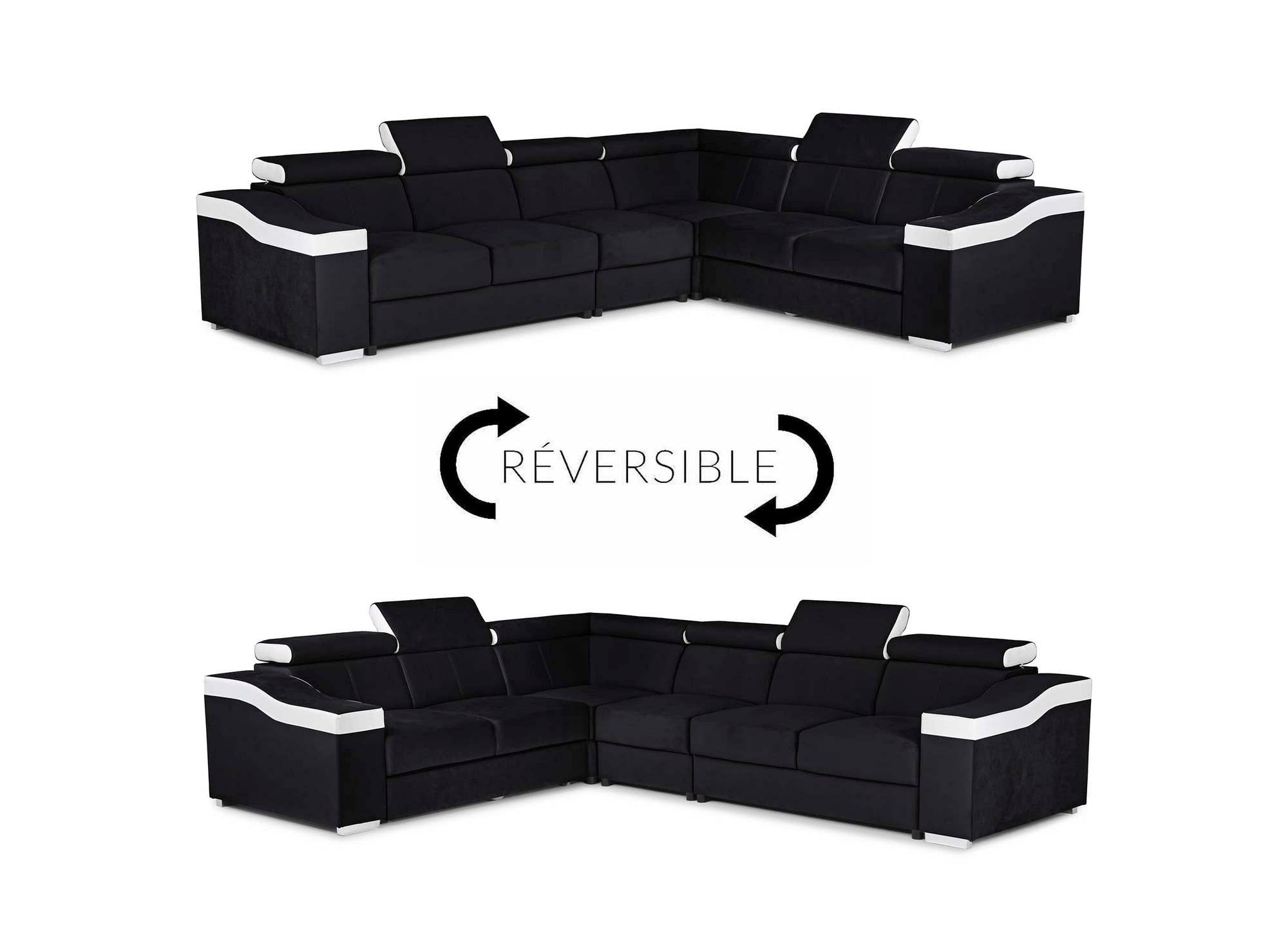 Canapé d'angle convertible réversible en velours noir et simili blanc LEONIE
