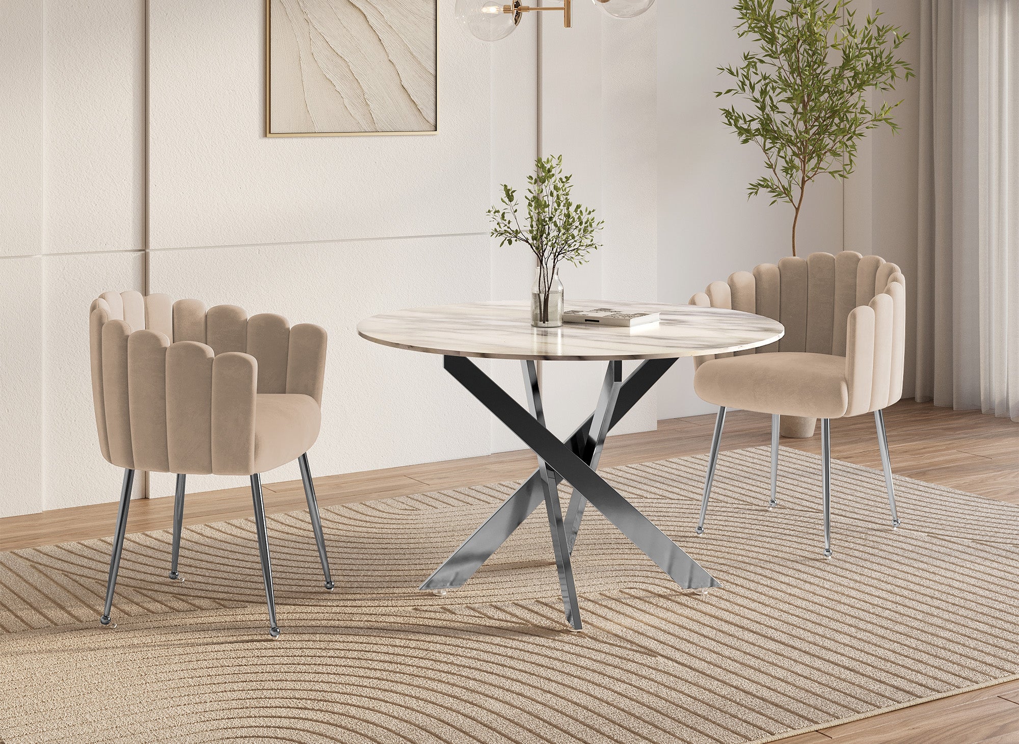 Chaise en velours beige pieds en métal argenté HAYDEN