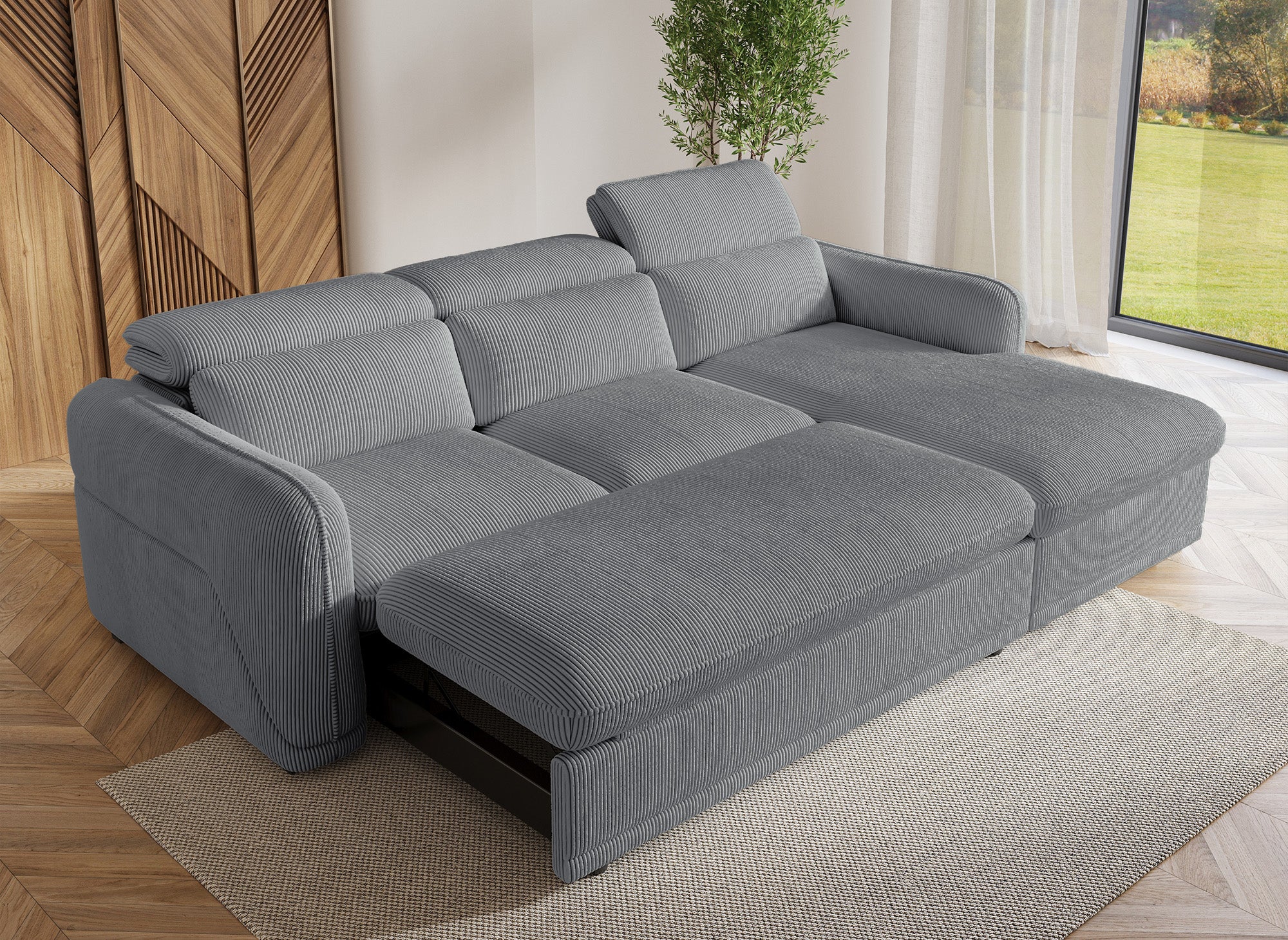 Canapé d'angle droit convertible avec coffre en velours côtelé épais gris PETUNIA - Angle droit