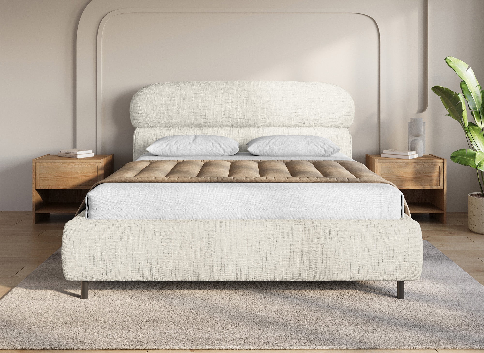 Lit coffre en velours chiné beige 160x200cm MELO