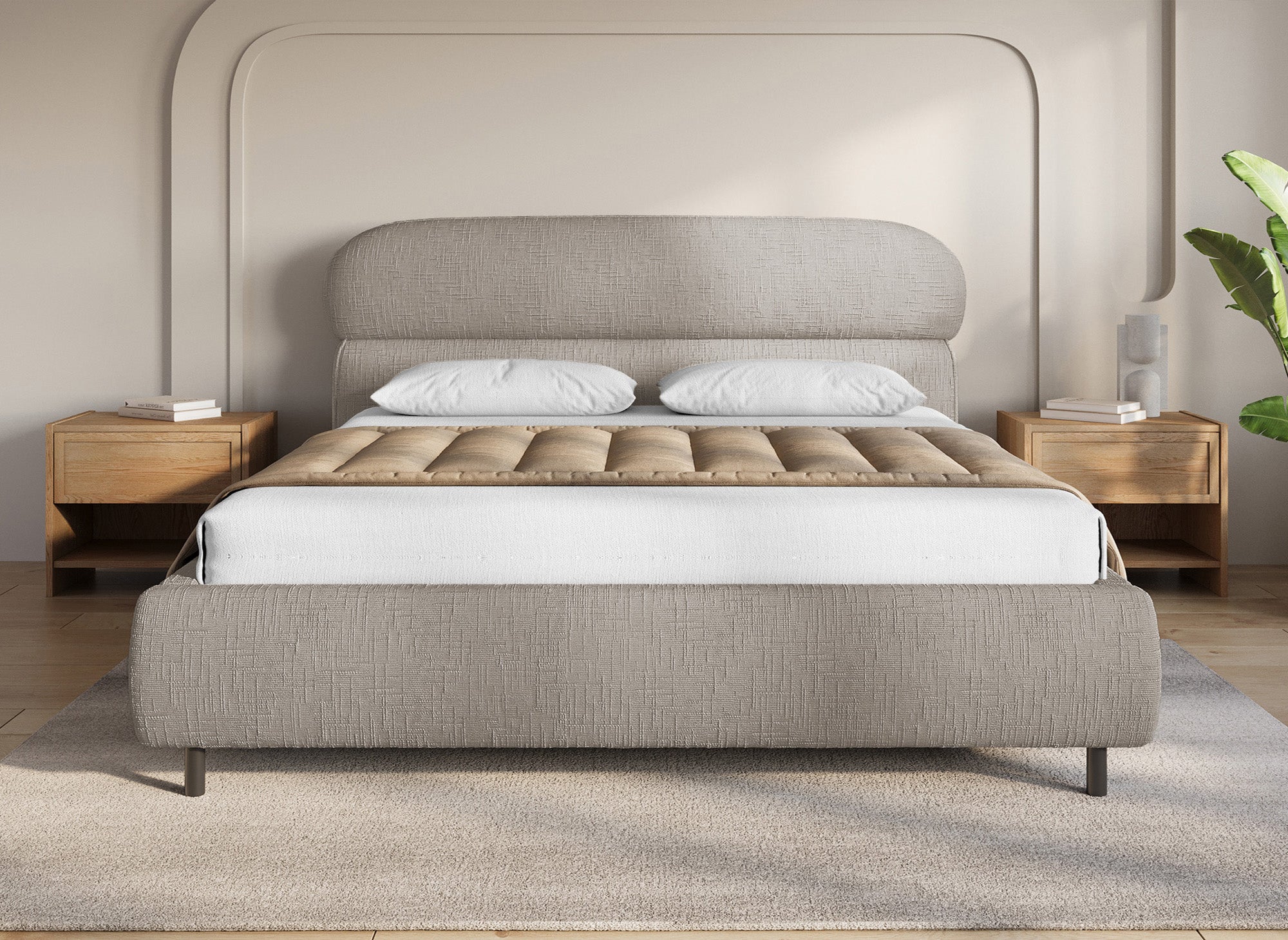 Lit coffre en velours chiné beige 180x200cm MELO