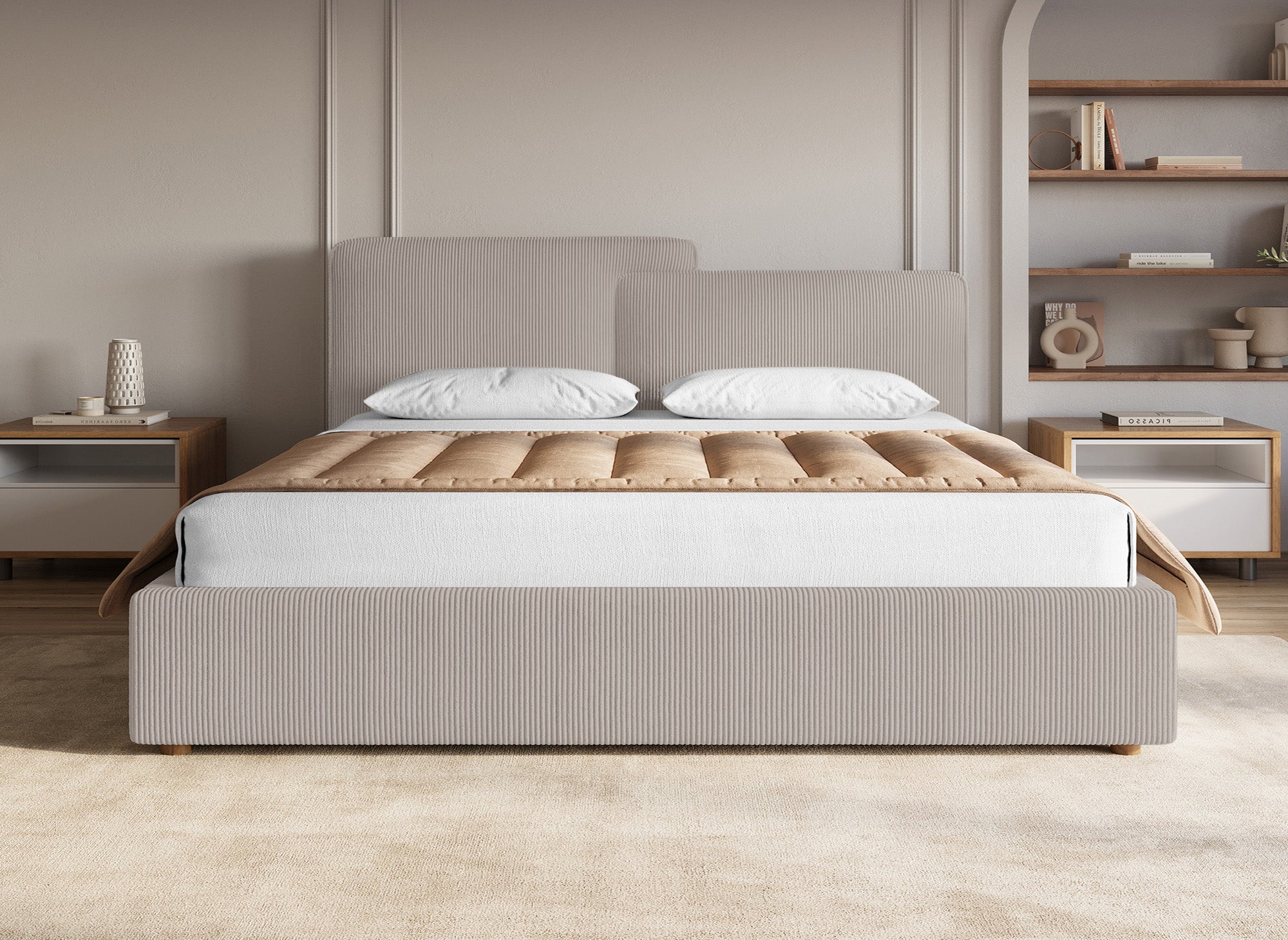 Lit coffre en velours côtelé taupe 180x200 cm ZELIA