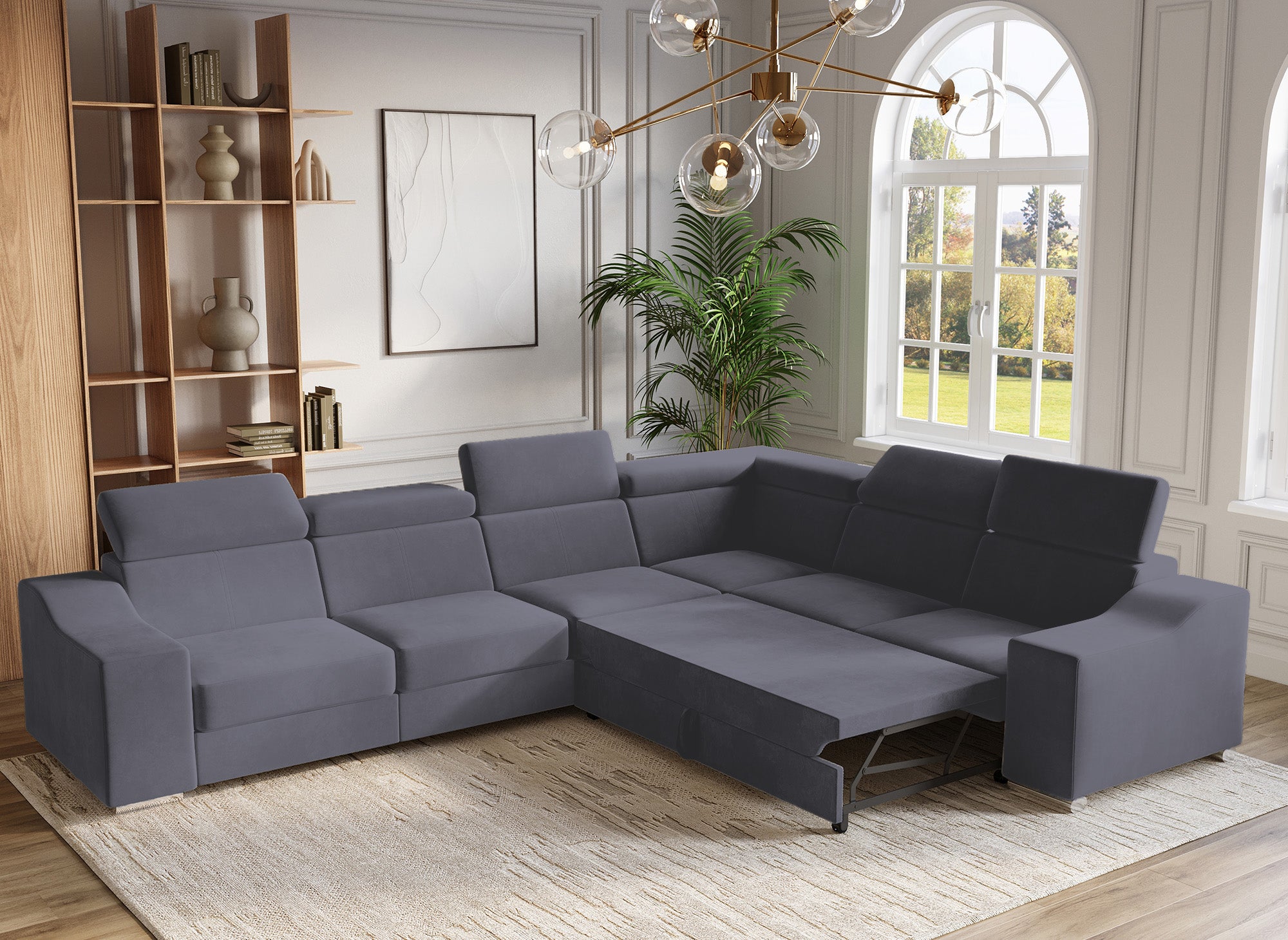 Canapé d'angle convertible réversible en velours gris LEONIE