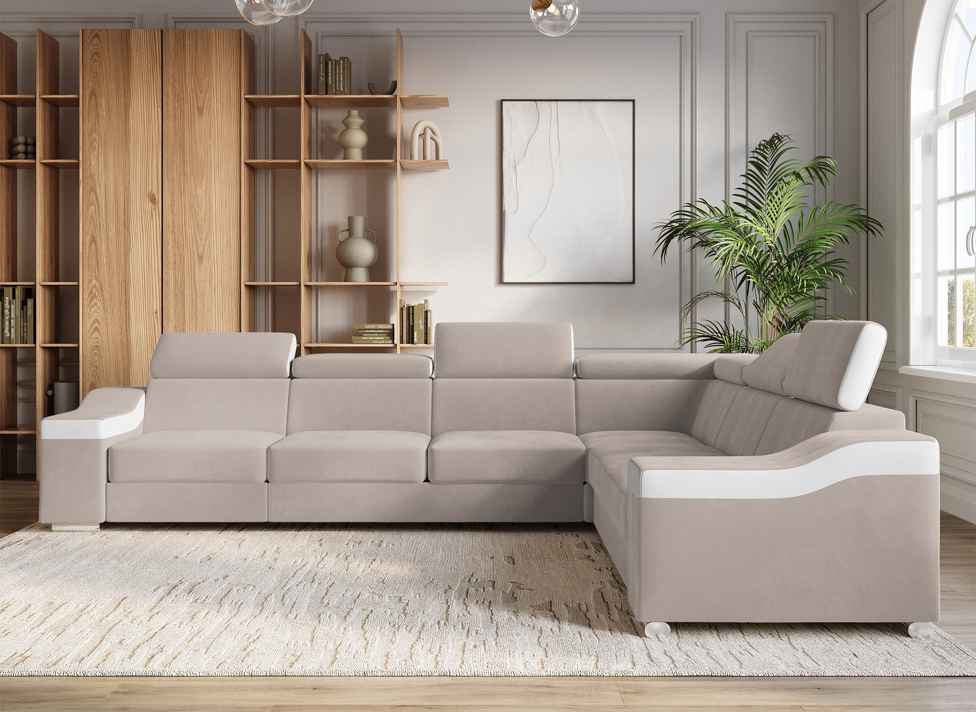 Canapé d'angle convertible réversible en velours beige et simili cuir blanc LEONIE