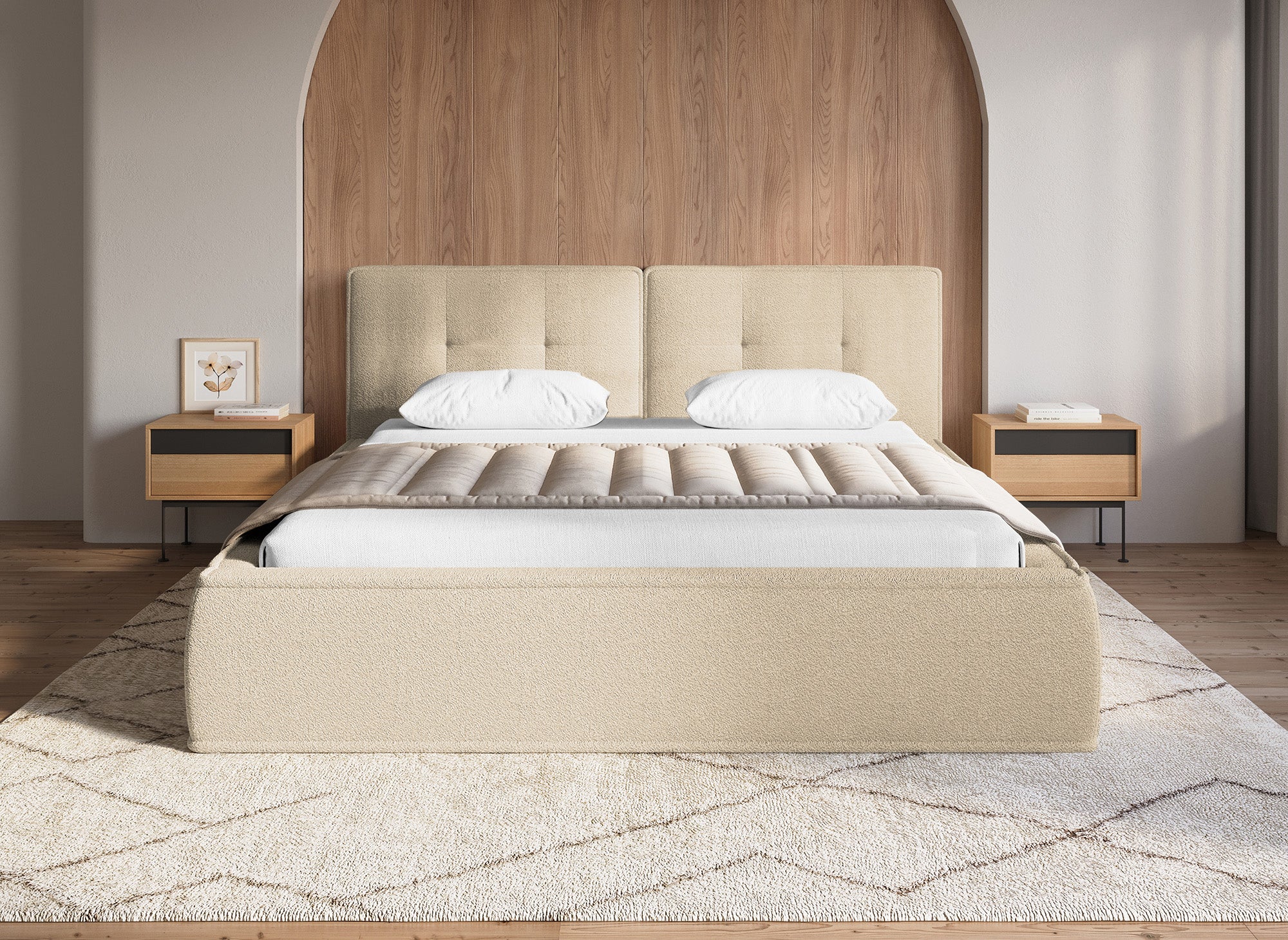 Lit coffre en tissu bouclette beige 180x200cm YUNA