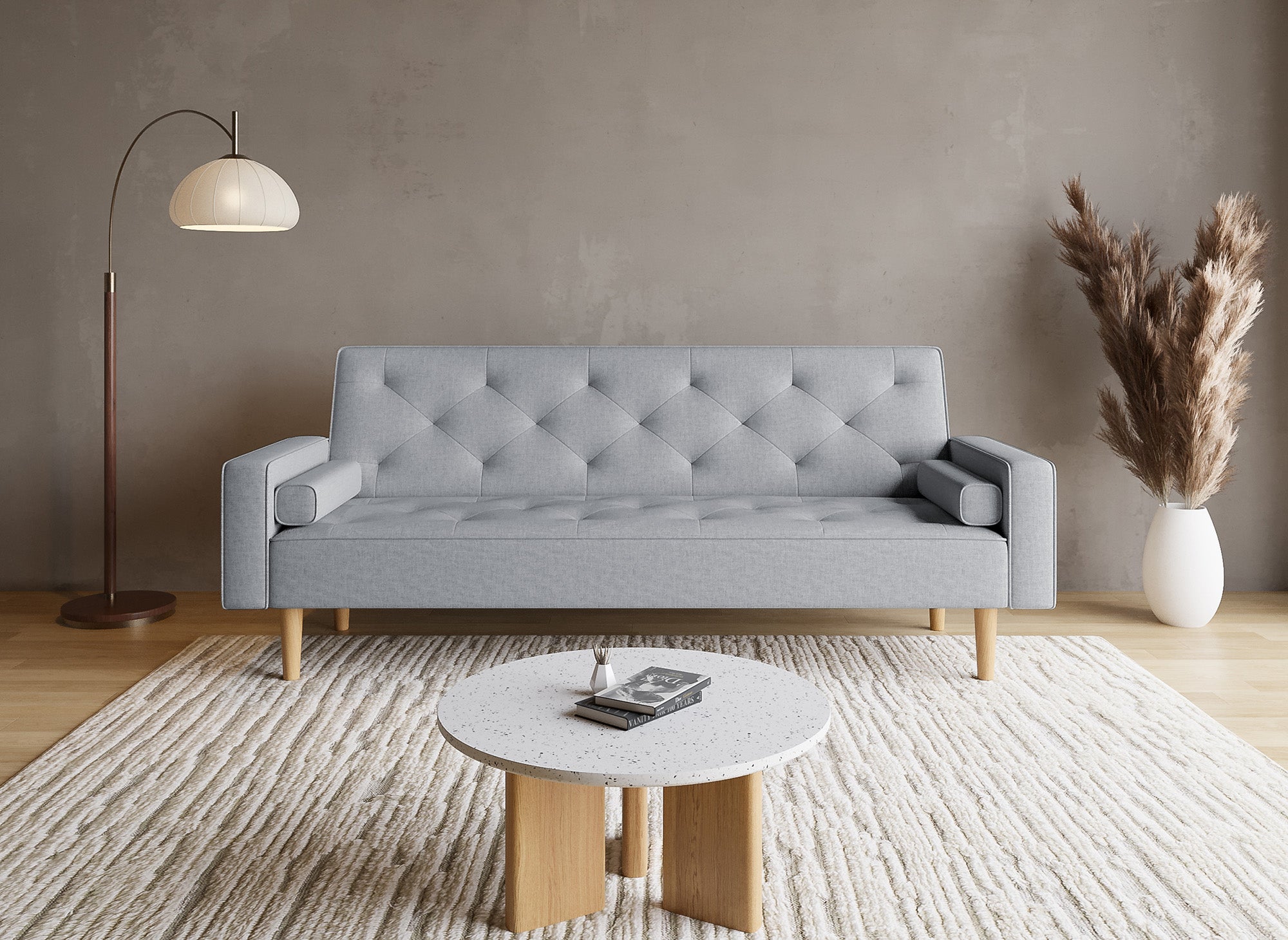 Canapé clic clac en tissu gris clair avec pieds en bois JAKARTA