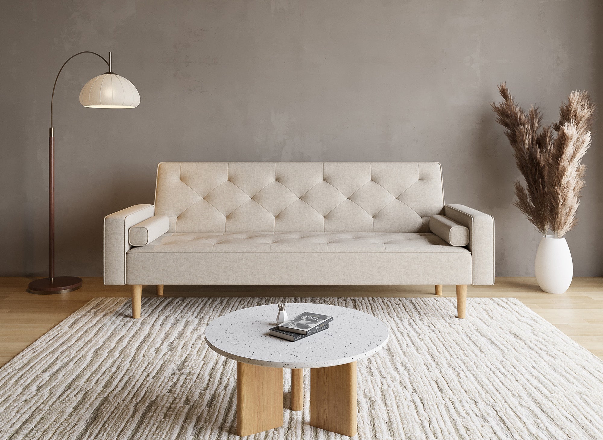 Canapé clic clac en tissu beige avec pieds en bois JAKARTA