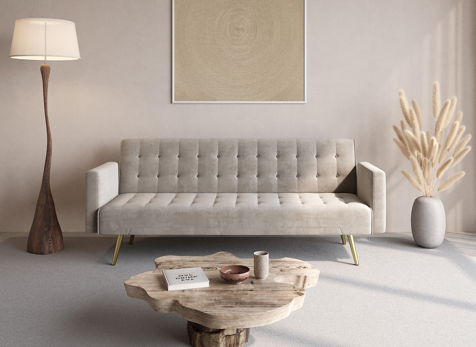 Canapé clic clac en velours beige avec pieds en métal doré CHICAGO