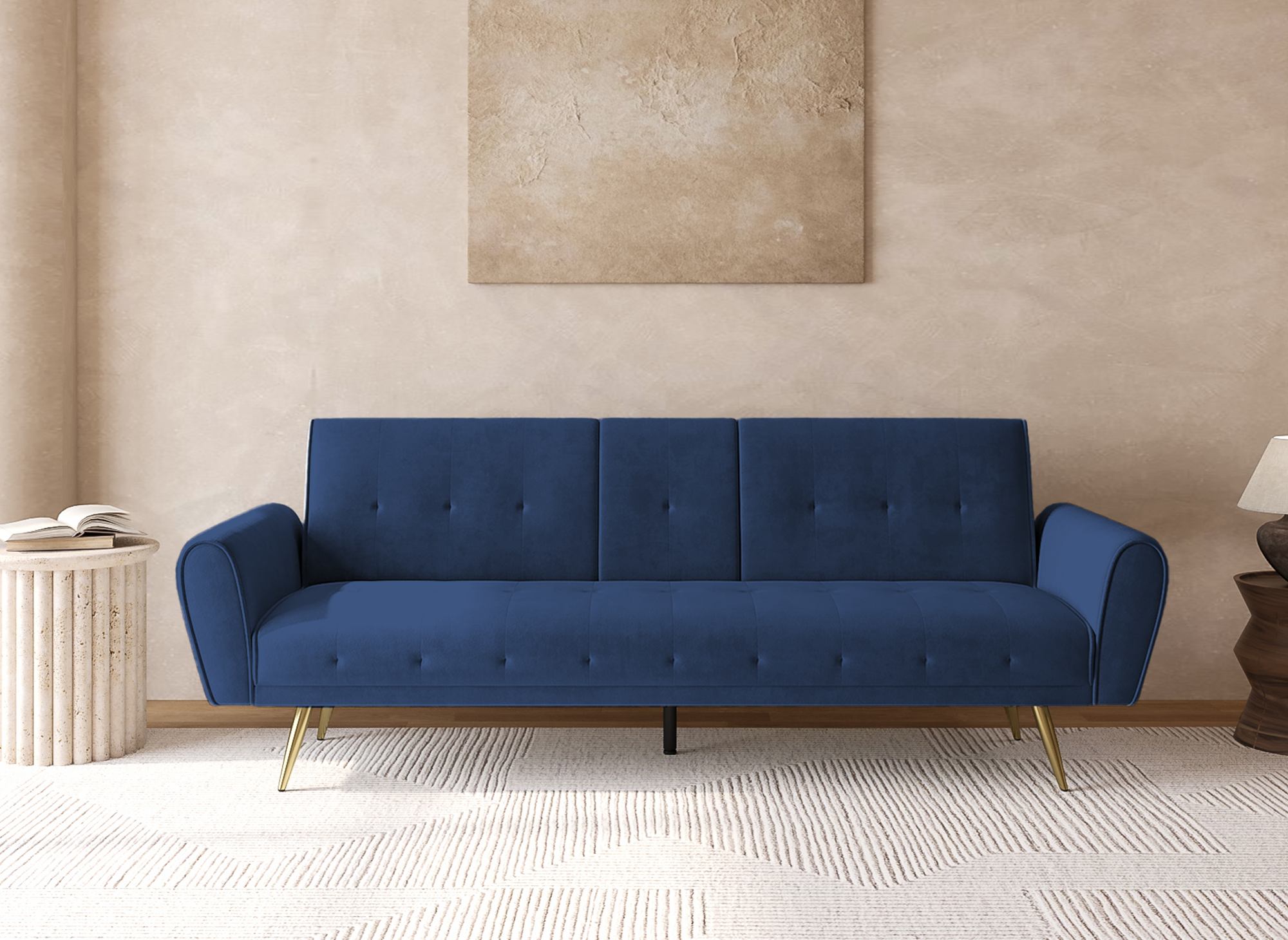 Canapé clic clac en velours bleu foncé avec porte-gobelet LIMA