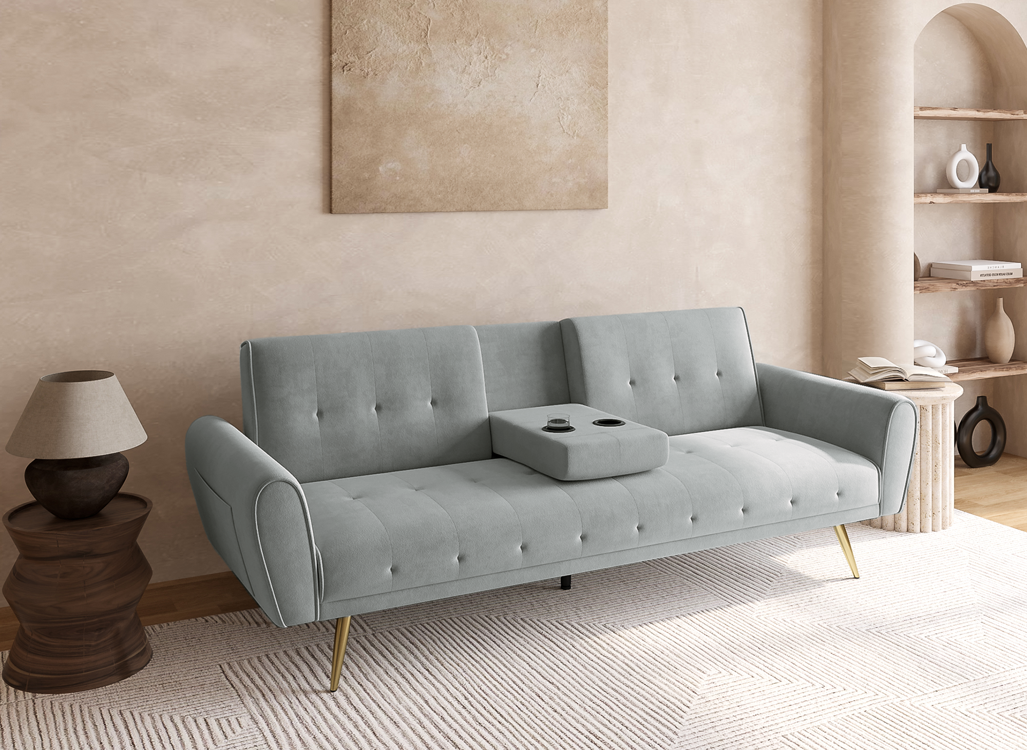 Canapé clic clac en velours gris clair avec porte-gobelet LIMA