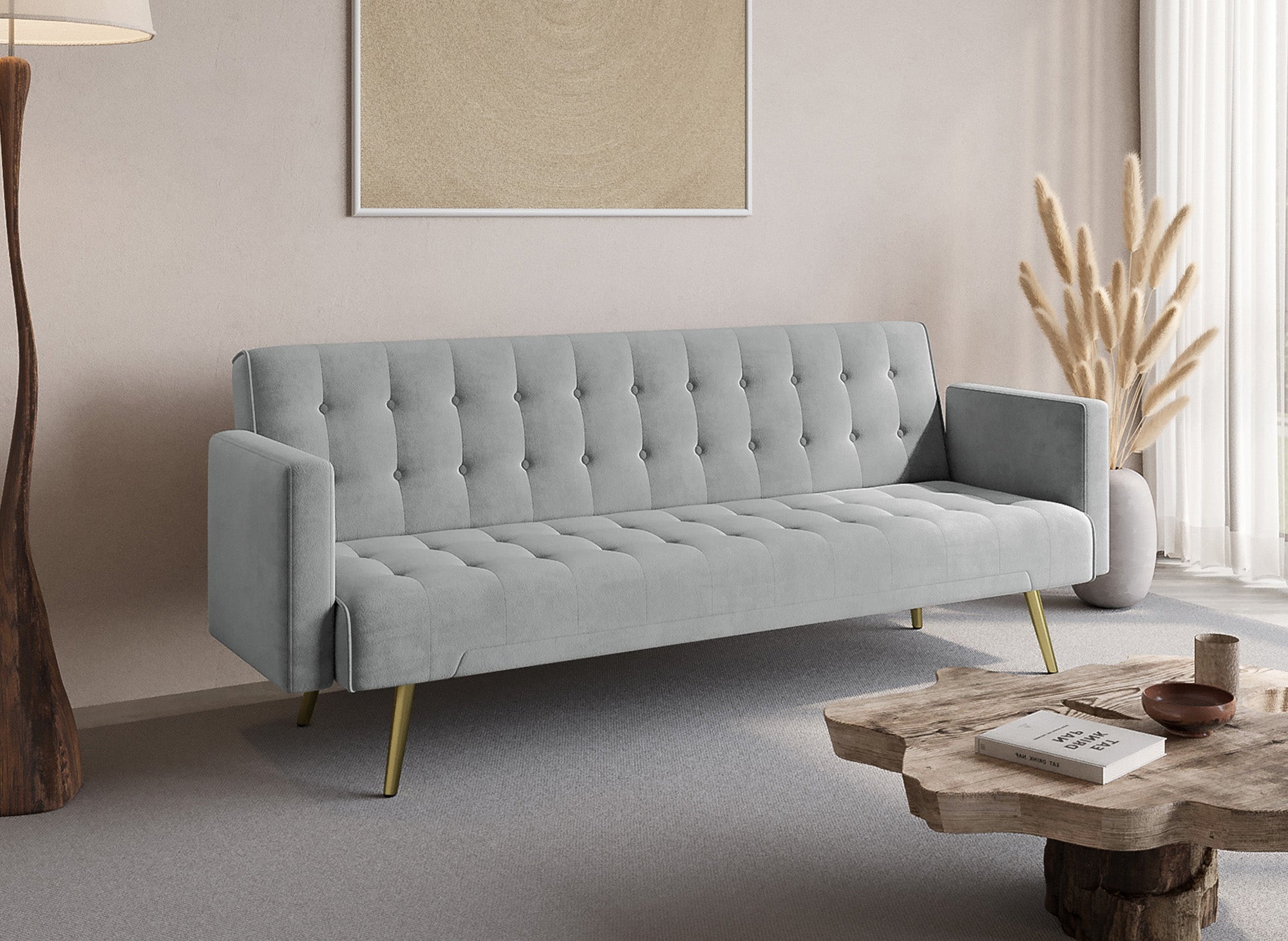 Canapé clic clac en velours gris avec pieds en métal doré CHICAGO