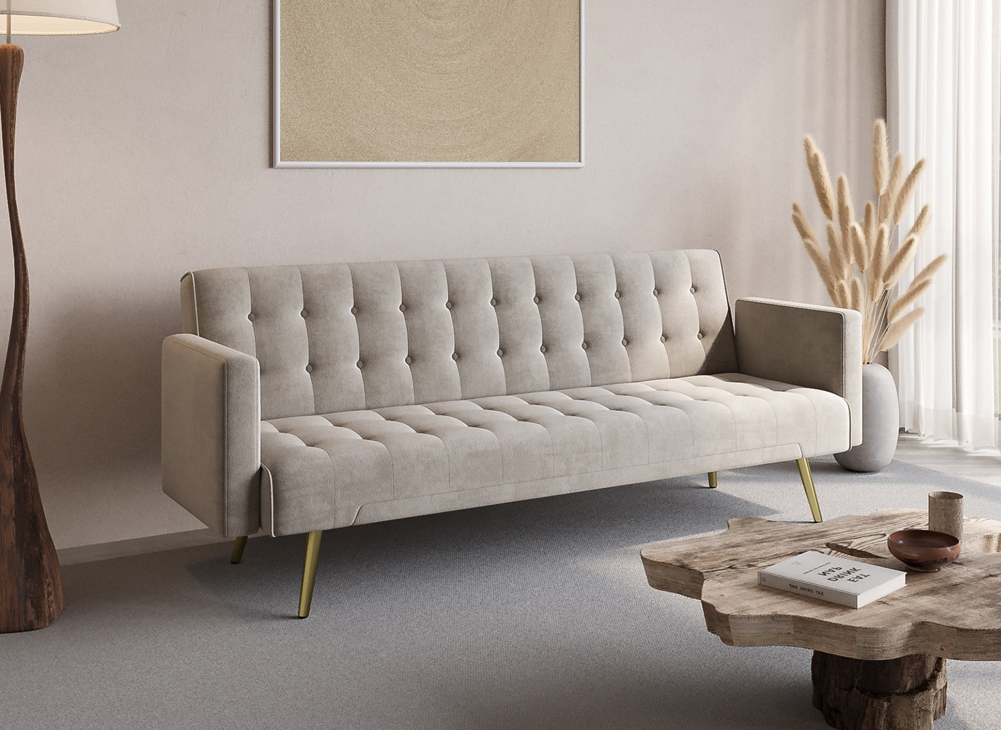 Canapé clic clac en velours beige avec pieds en métal doré CHICAGO