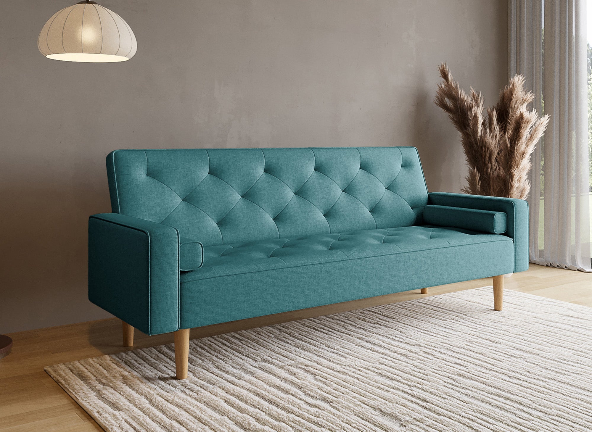 Canapé clic clac en tissu bleu avec pieds en bois JAKARTA