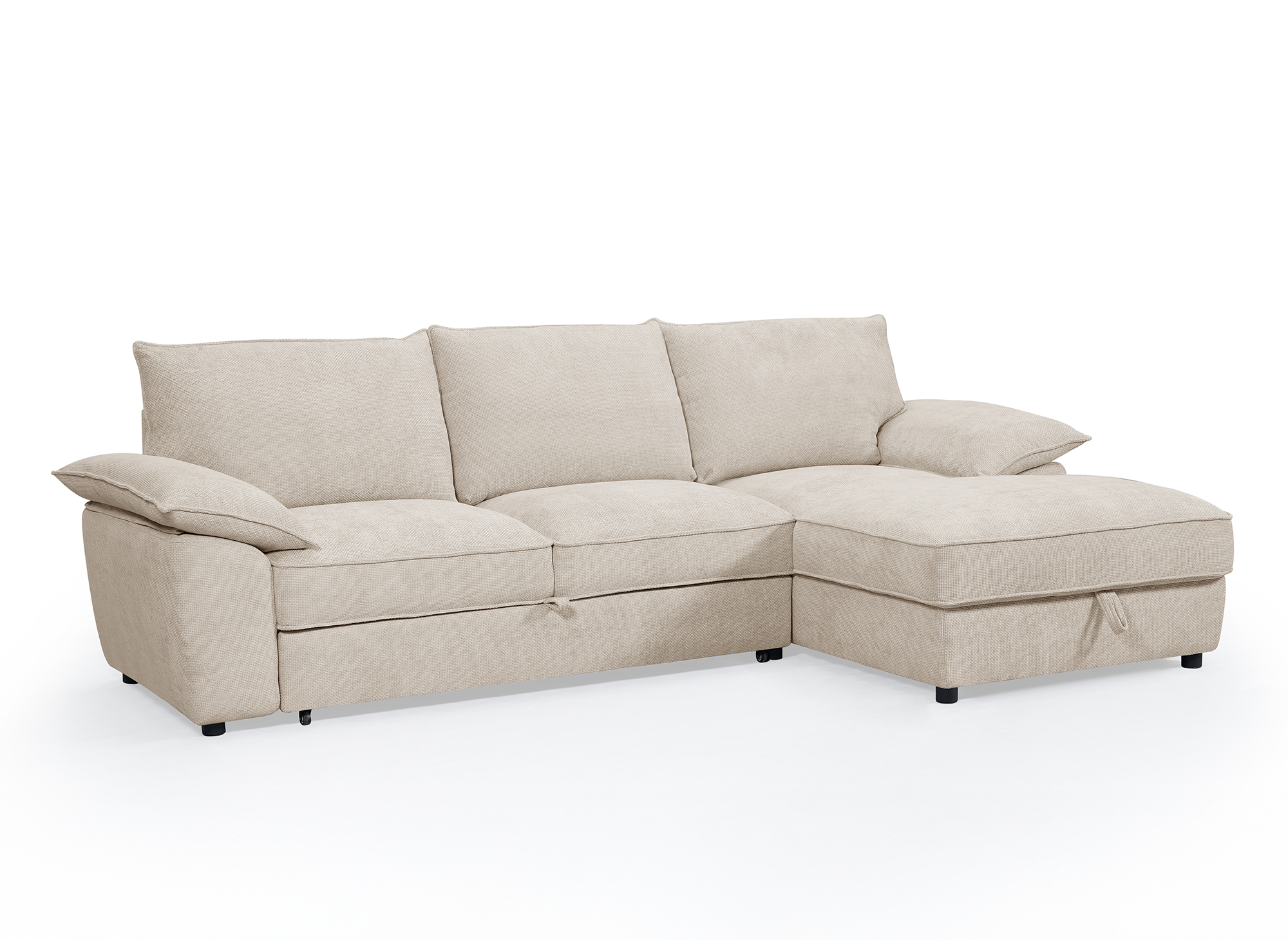 Canapé d'angle convertible avec coffre de rangement en velours chiné beige GABIN - Angle droit