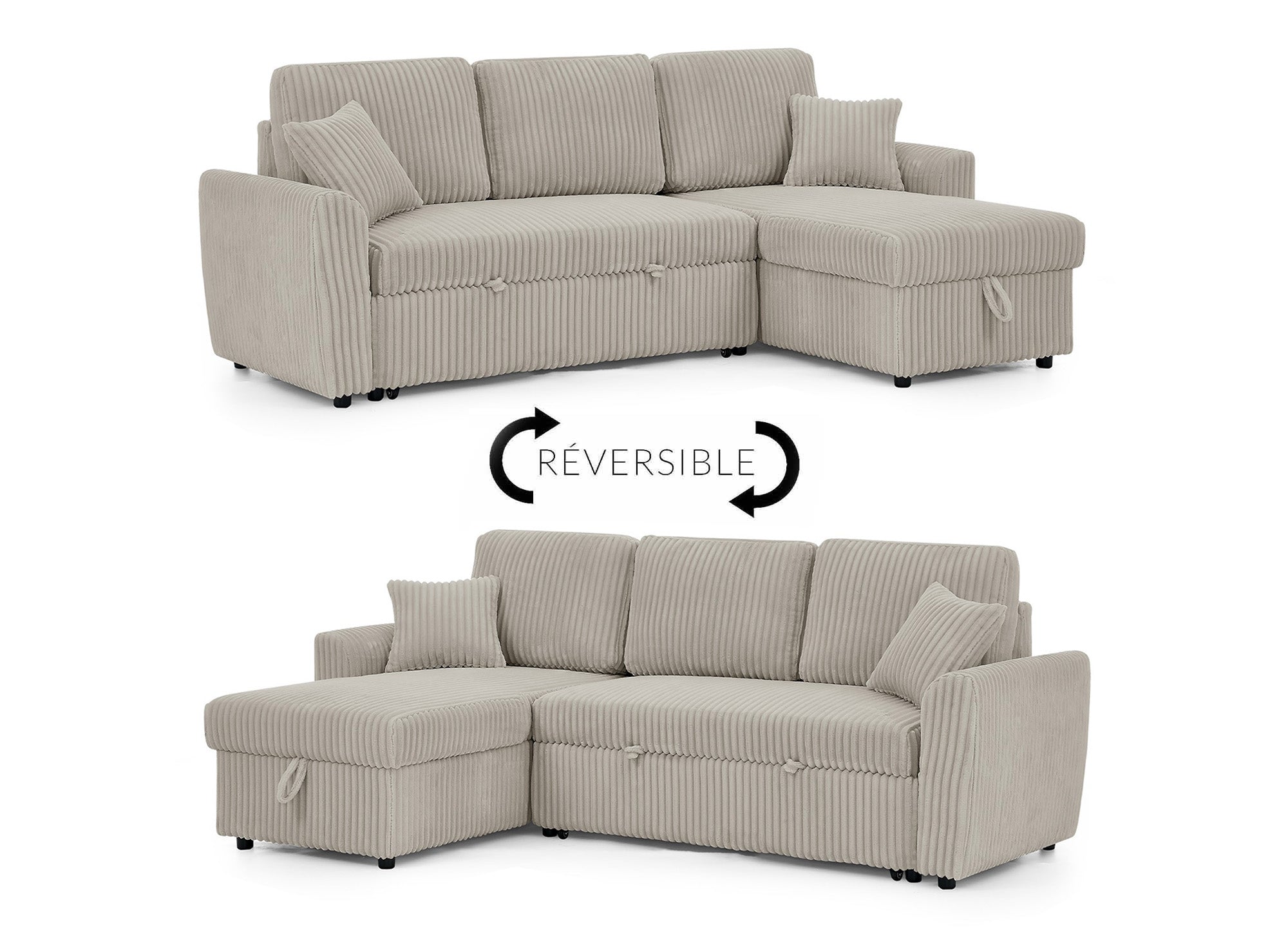 Canapé d'angle convertible et réversible avec coffre en velours côtelé épais taupe ADRYEN