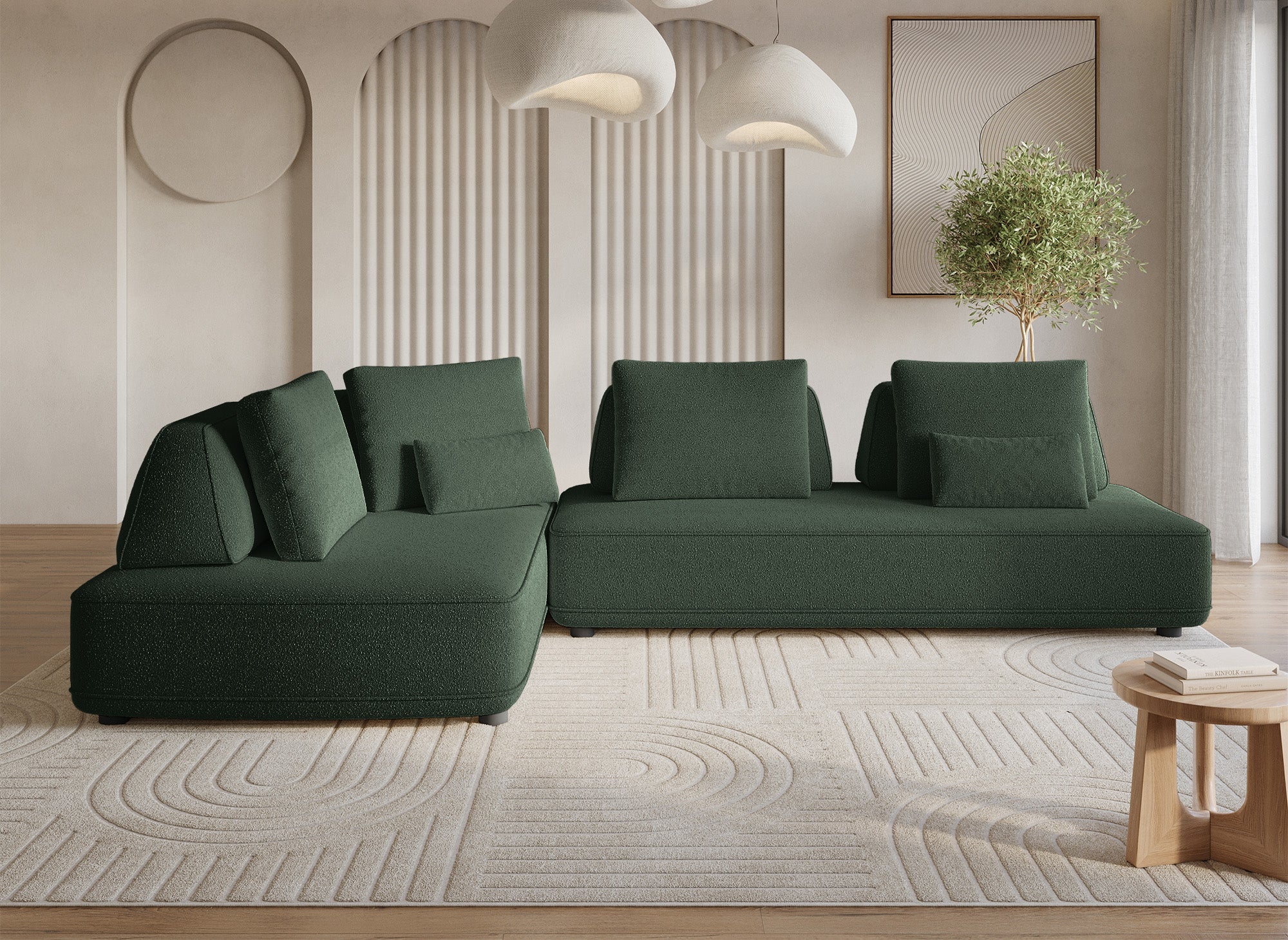 Canapé d'angle réversible en velours chiné vert kaki ISAORA
