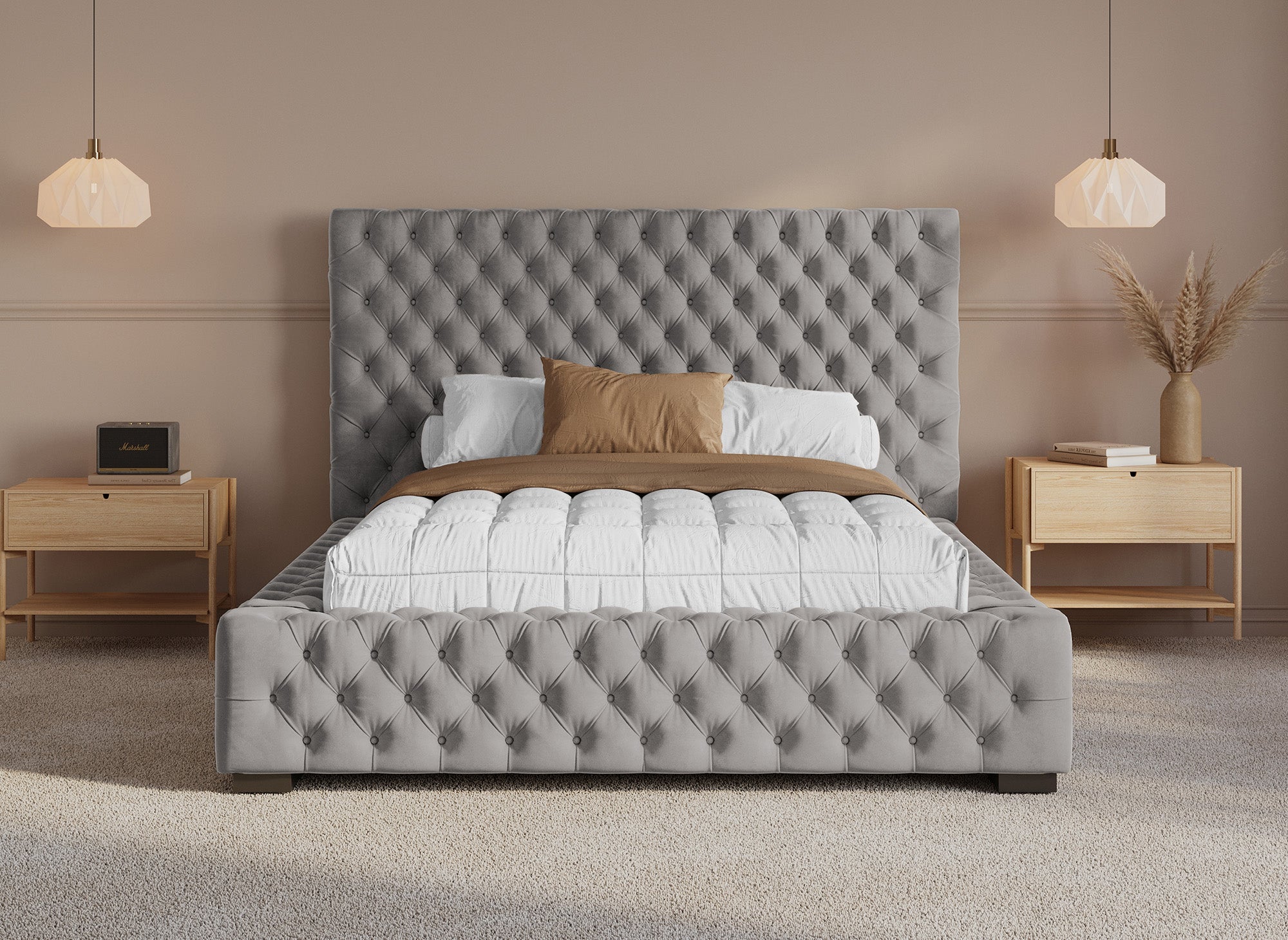 Lit coffre capitonné en velours gris IDALINE 140 x 190 cm