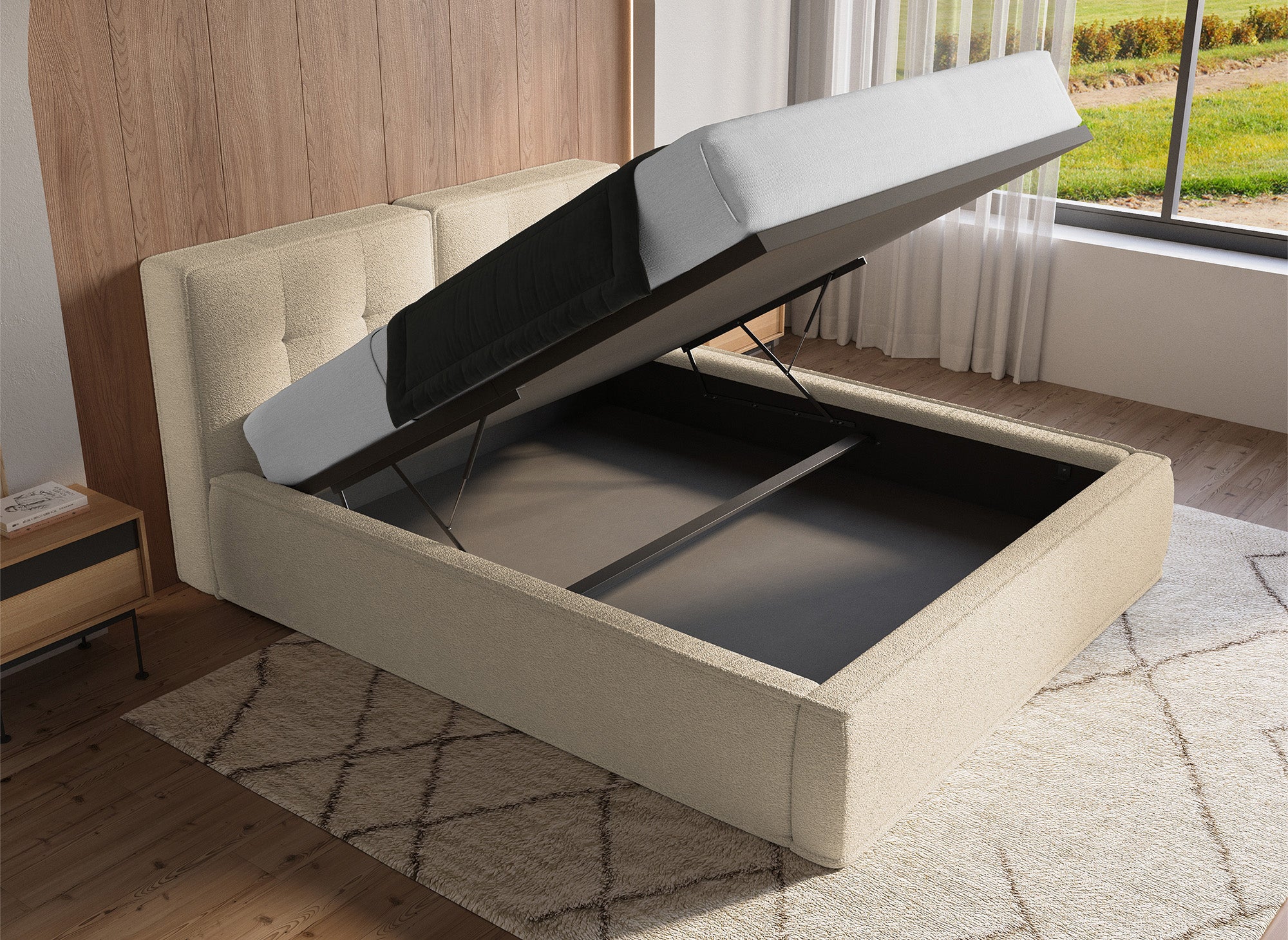 Lit coffre en tissu bouclette beige 140x190 cm YUNA