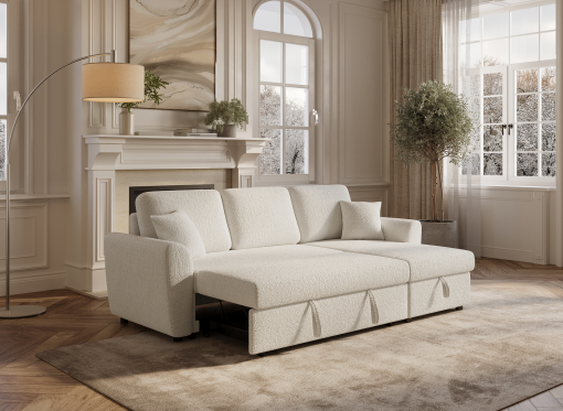 Canapé d'angle convertible et réversible avec coffre en velours côtelé épais beige ADRYEN