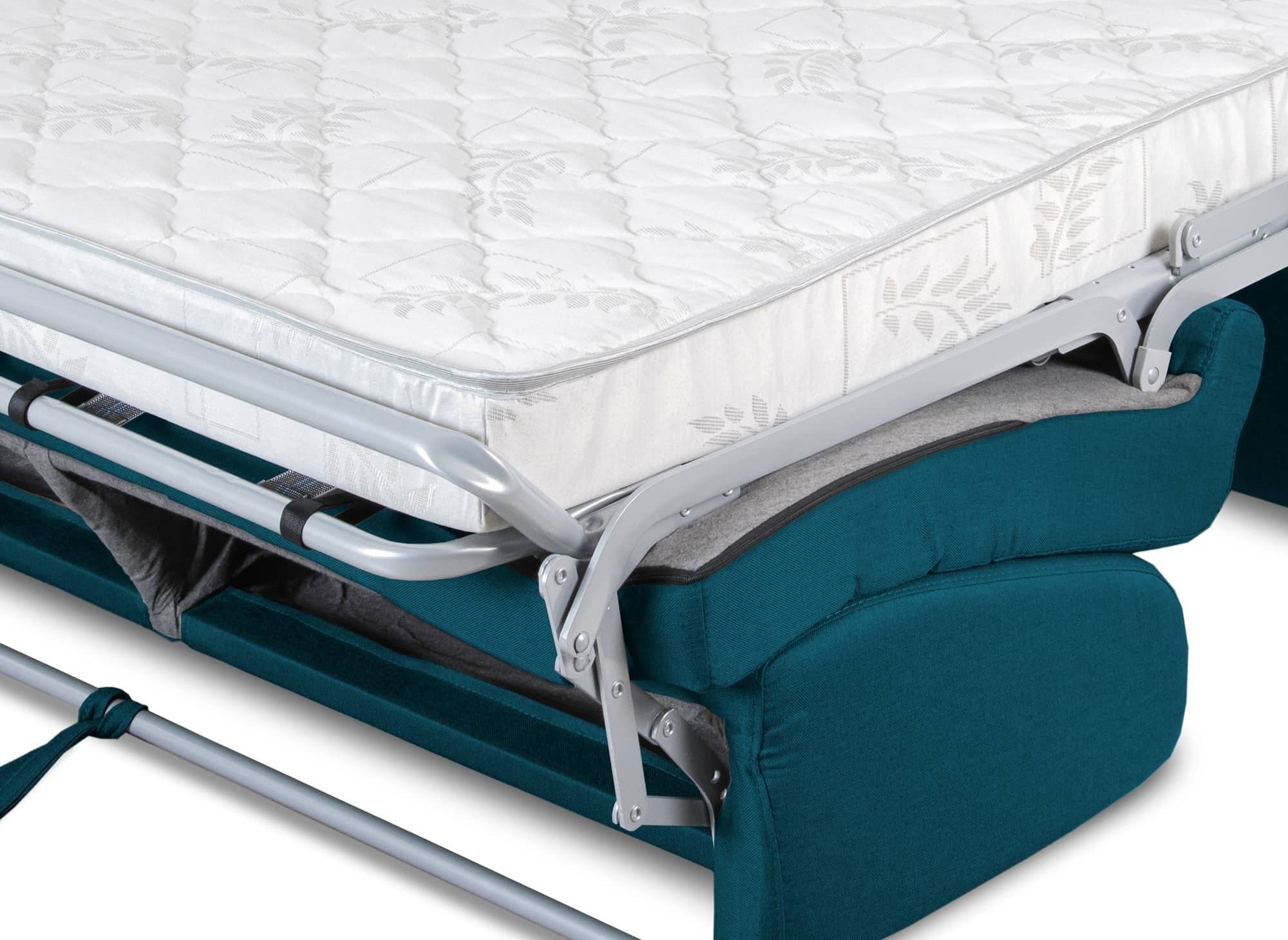 Canapé convertible 3 places LOUNA en tissu bleu pétrole ouverture express