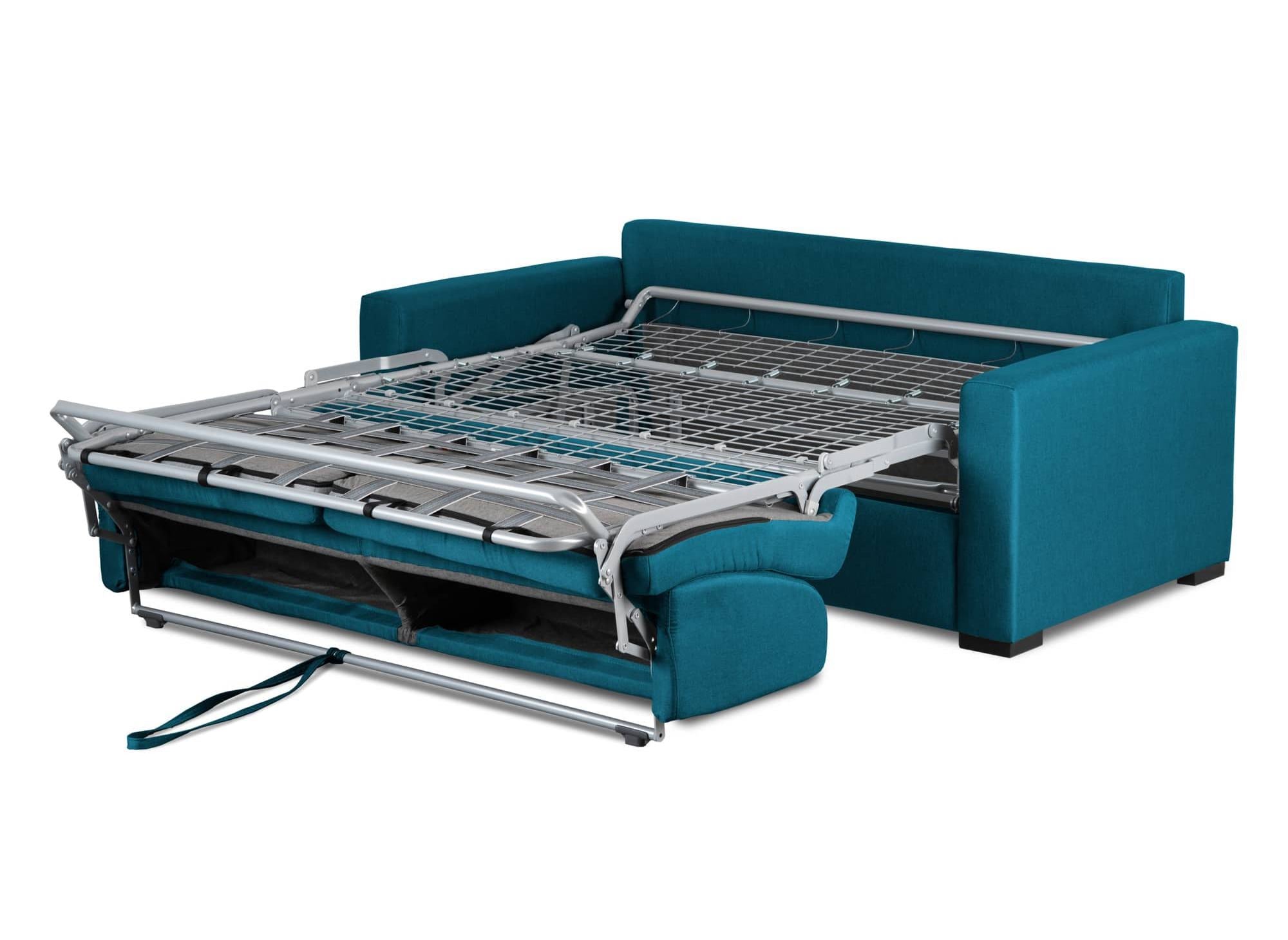 Canapé convertible 3 places LOUNA en tissu bleu pétrole ouverture express