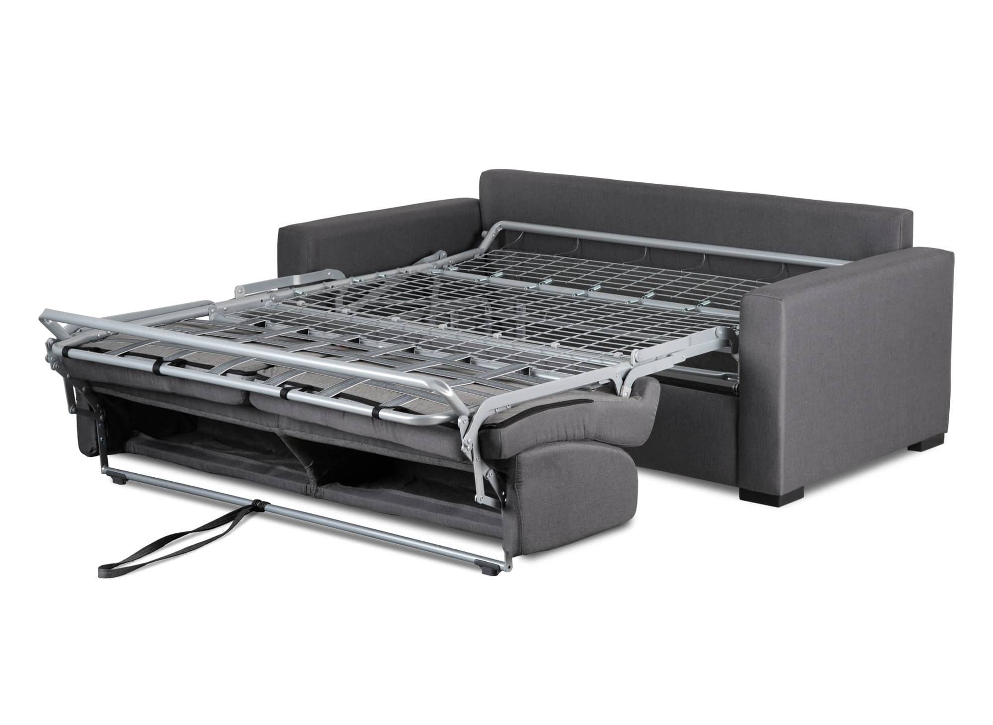 Canapé convertible 3 places LOUNA en tissu gris foncé ouverture express matelas 14 cm