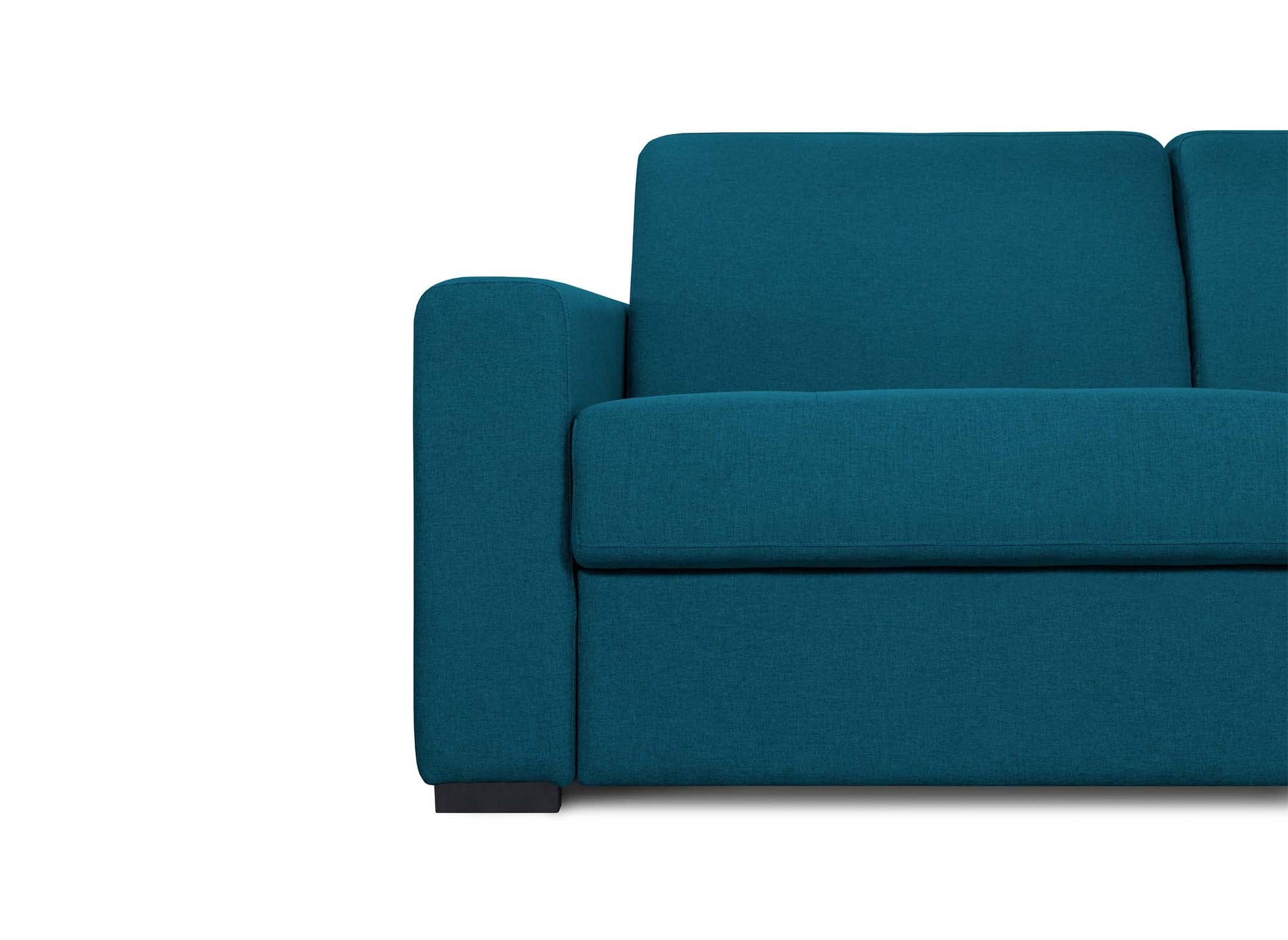 Canapé convertible 3 places LOUNA LUXE en tissu bleu pétrole ouverture express matelas 18 cm