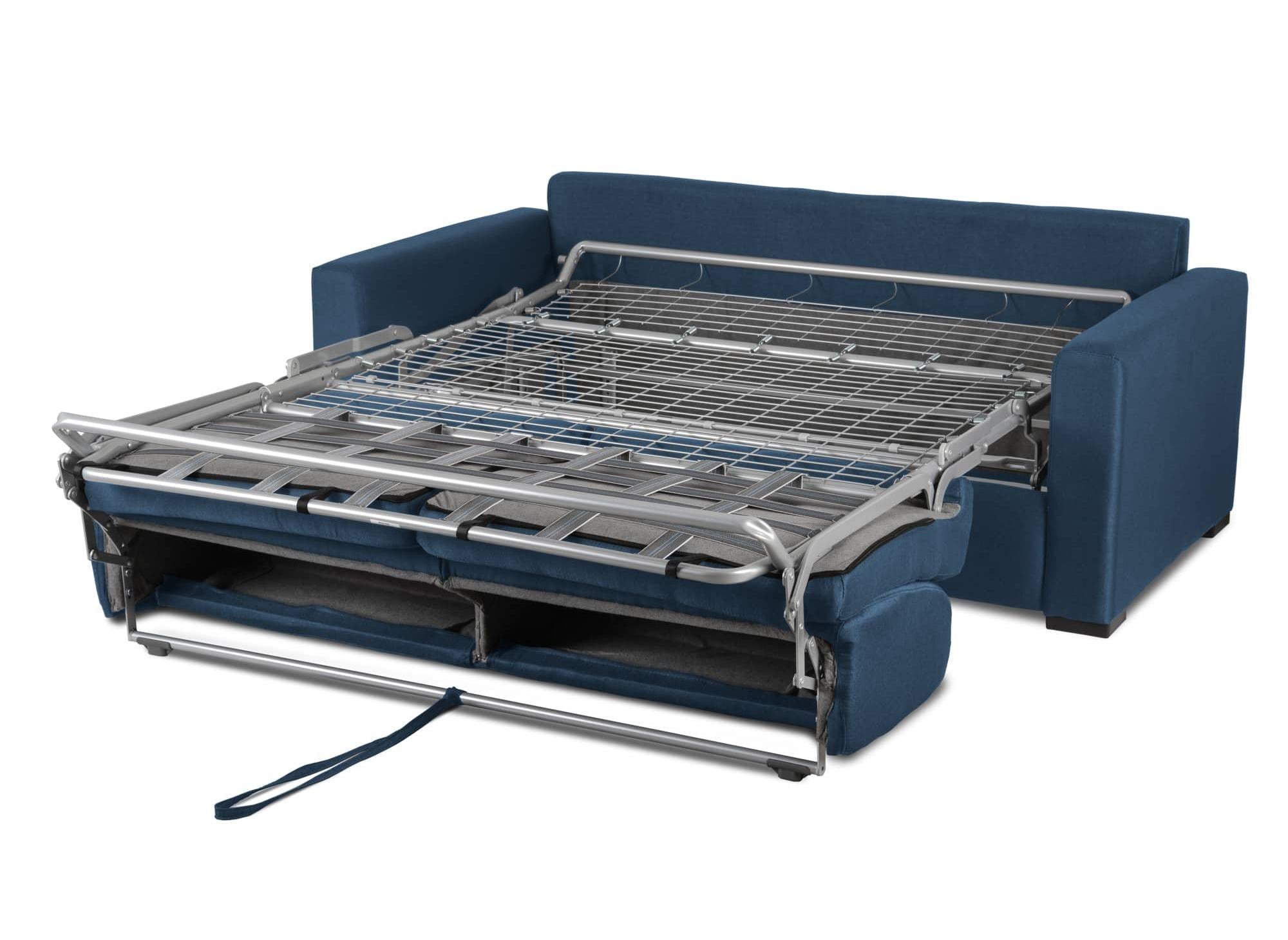Canapé convertible 3 places LOUNA LUXE en tissu bleu denim ouverture express matelas 18 cm