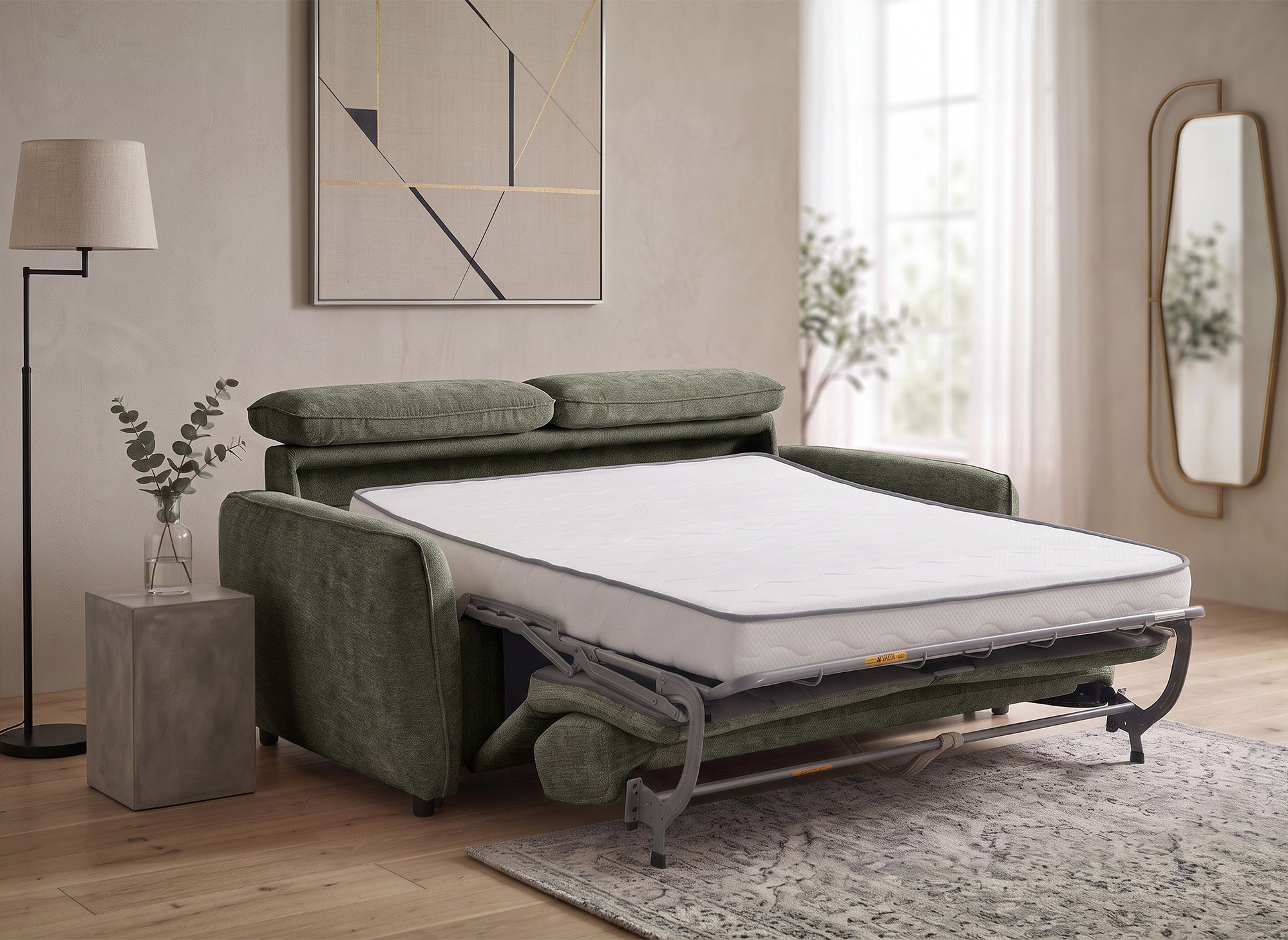 Canapé convertible express 3 places en tissu texturé vert JACINTHE