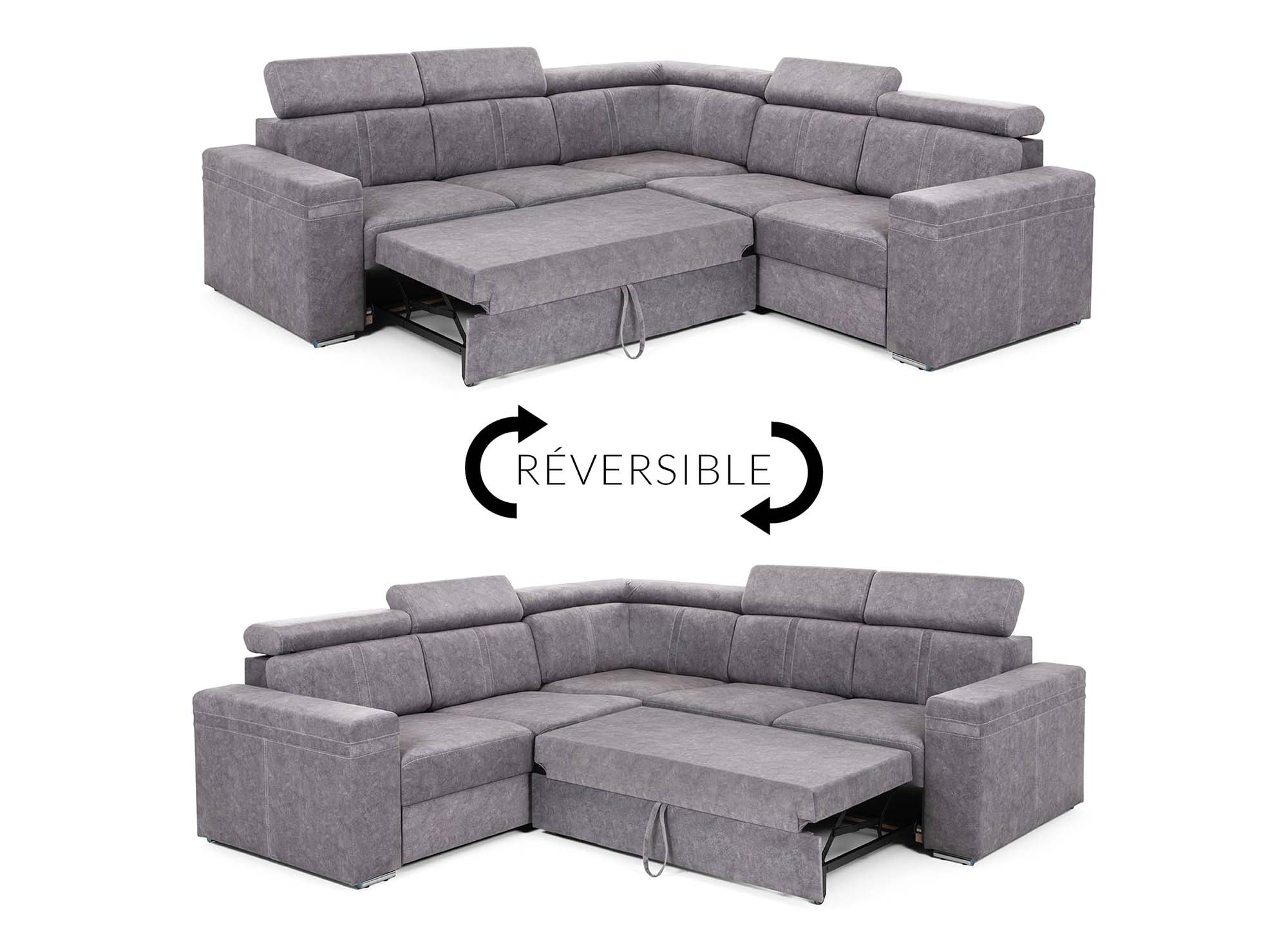 Canapé d'angle convertible et réversible en tissu gris clair MERYL
