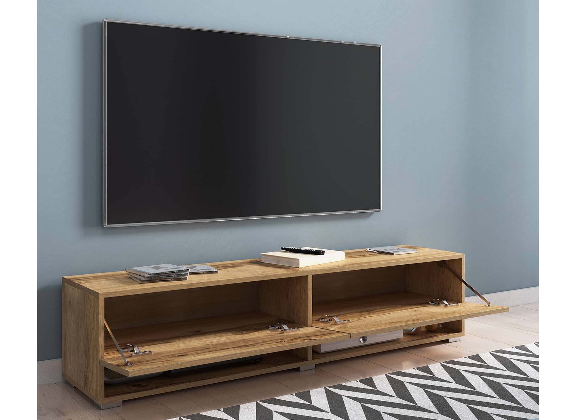 Meuble TV suspendu 2 portes 2 niches en chêne ROMANE XL - 140 cm