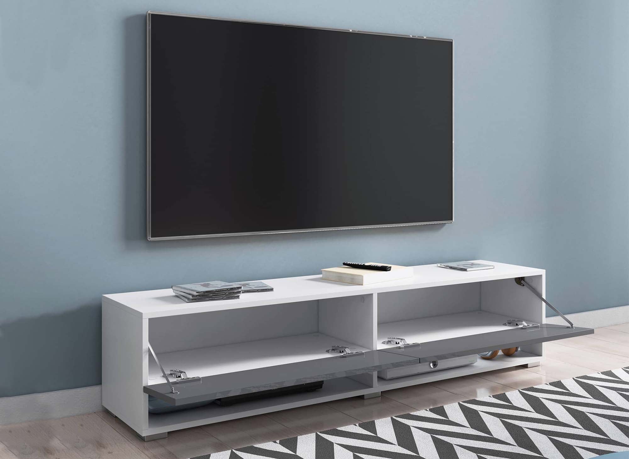 Meuble TV suspendu 2 portes 2 niches blanc et gris ROMANE XL - 140 cm