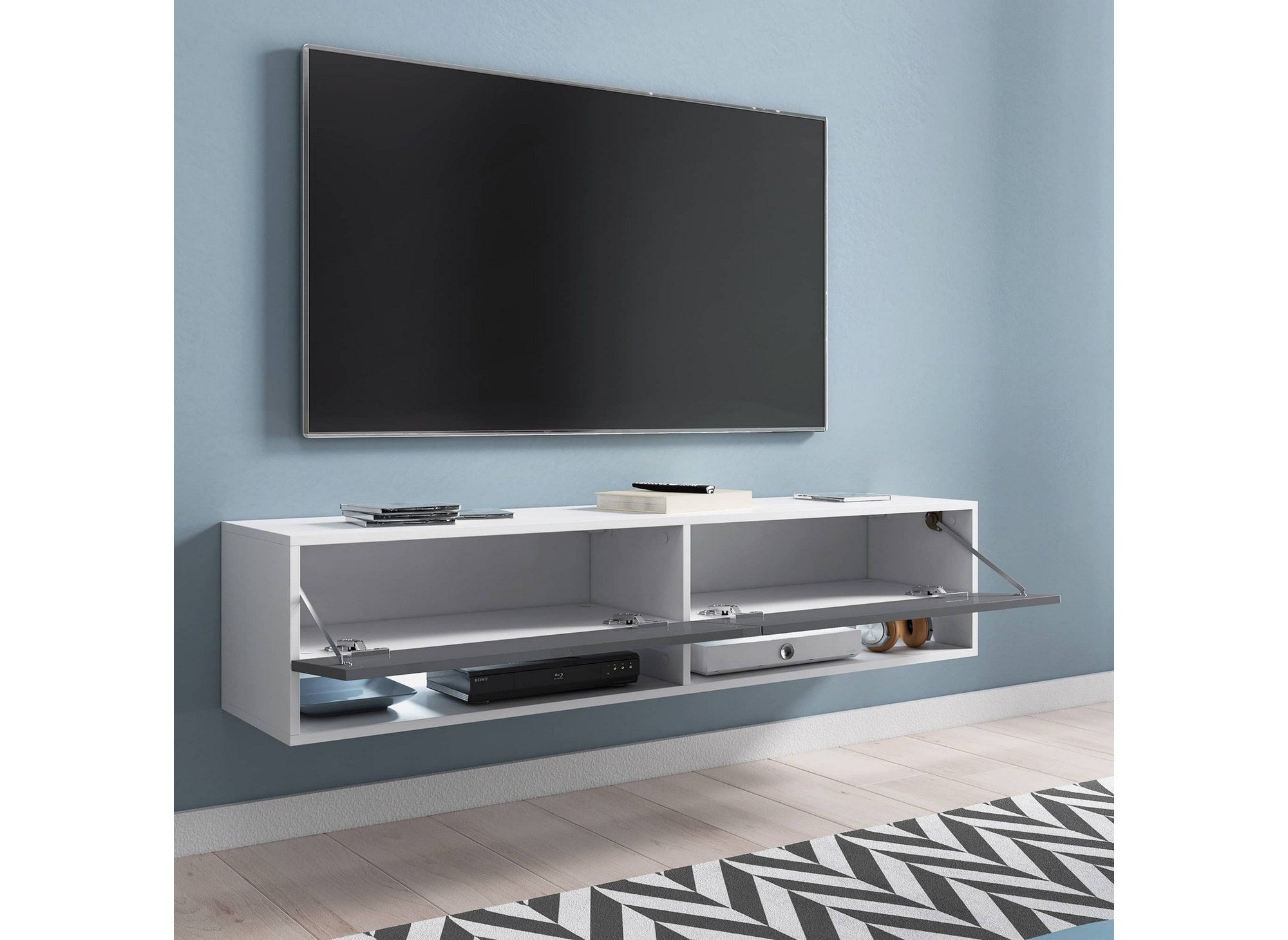 Meuble TV suspendu 2 portes 2 niches blanc et gris ROMANE XL - 140 cm
