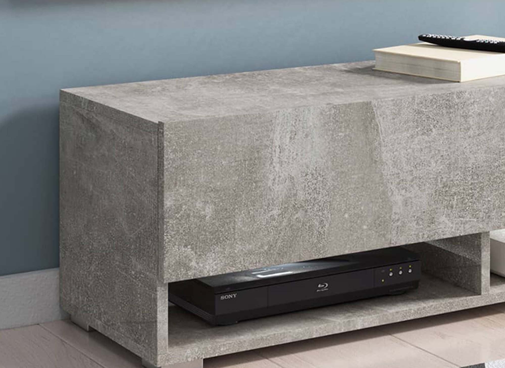 Meuble TV suspendu 1 porte 2 niches gris béton ROMANE - 100 cm